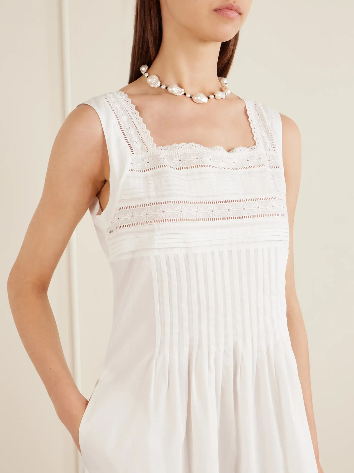 Loretta Caponi Lalla Ruched Broderie Anglaise-trimmed Cotton-poplin Maxi Dress