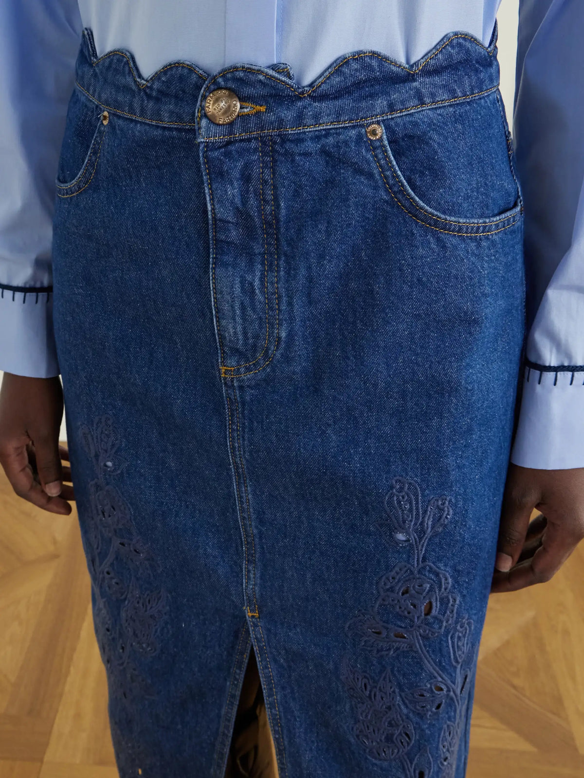Farm Rio Scalloped Richilieu Denim Midi Skirt