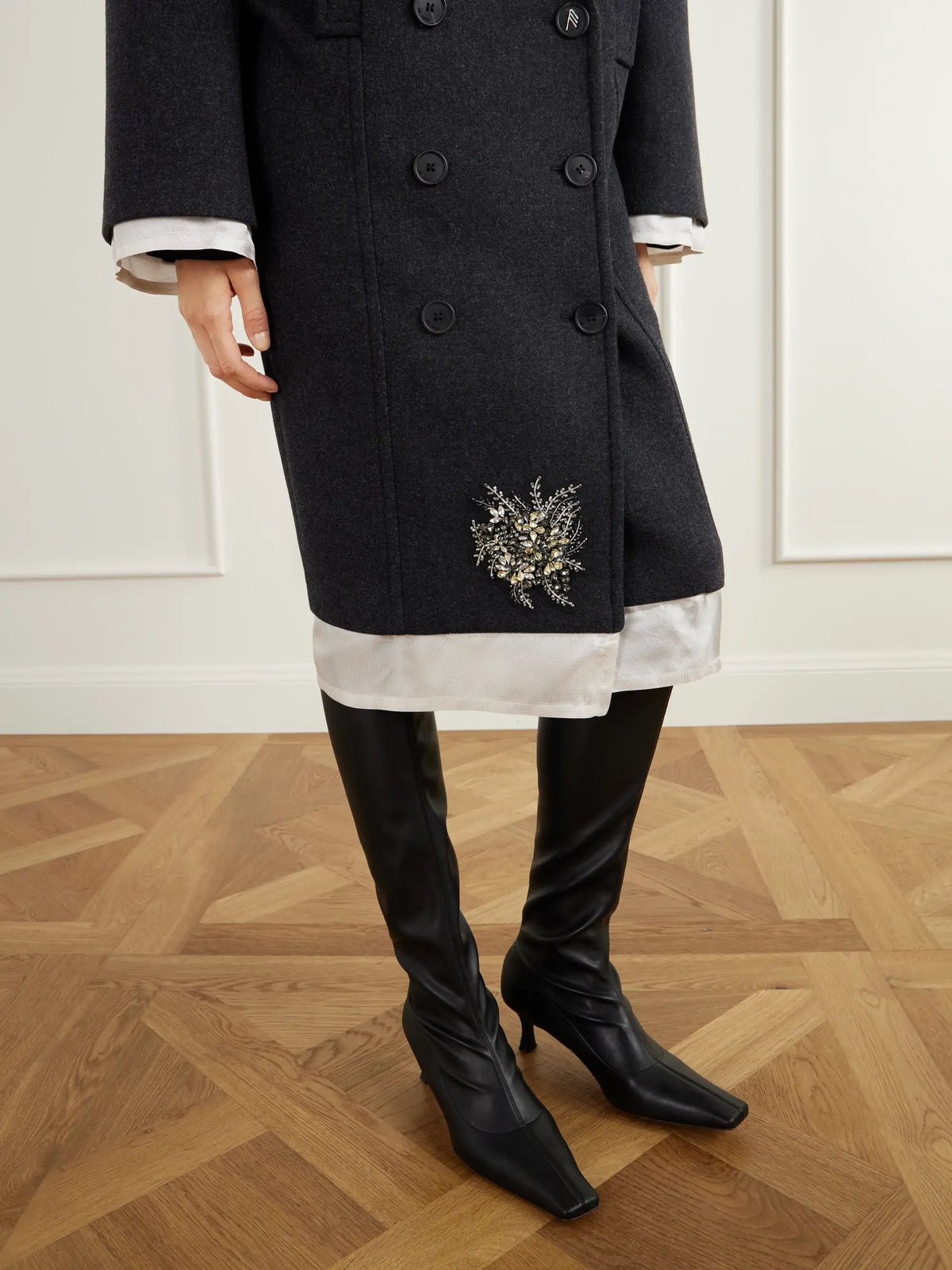 The Attico Double-breasted Crystal-embellished Satin-trimmed Wool-blend Twill Coat