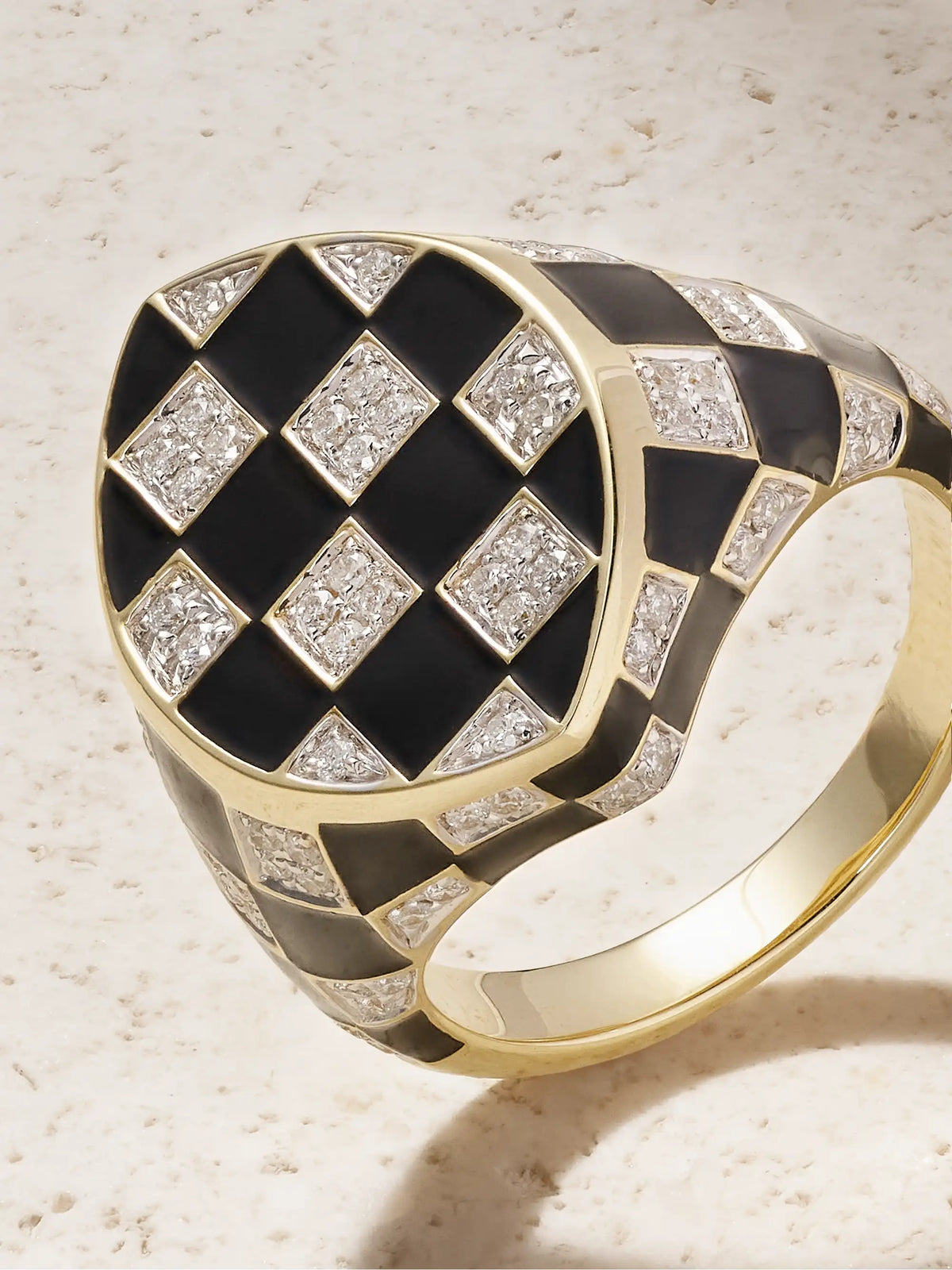 Chevalière Marquise Damier 9-karat Gold, Diamond And Enamel Ring