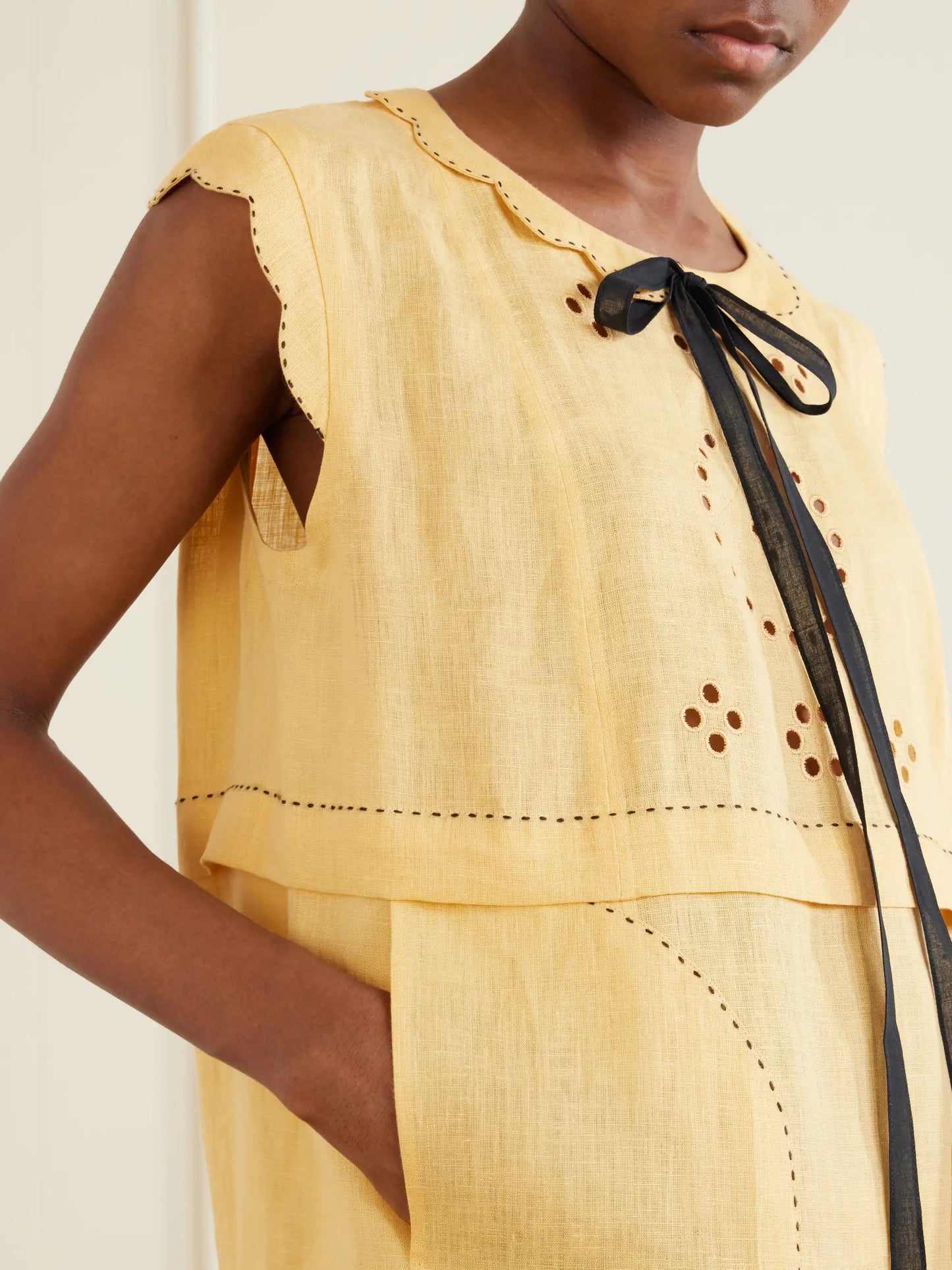 Kiki Tie-detailed Broderie Anglaise-trimmed Linen Midi Dress