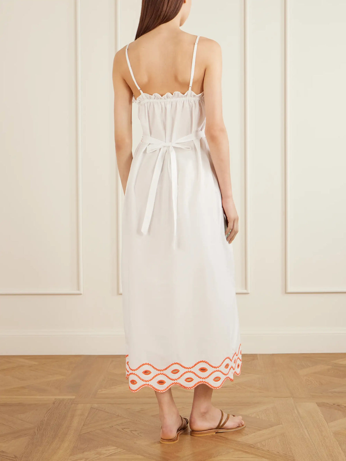 Loretta Caponi Bianca Ruffled Emrboidered Shirred Cotton-poplin Midi Dress