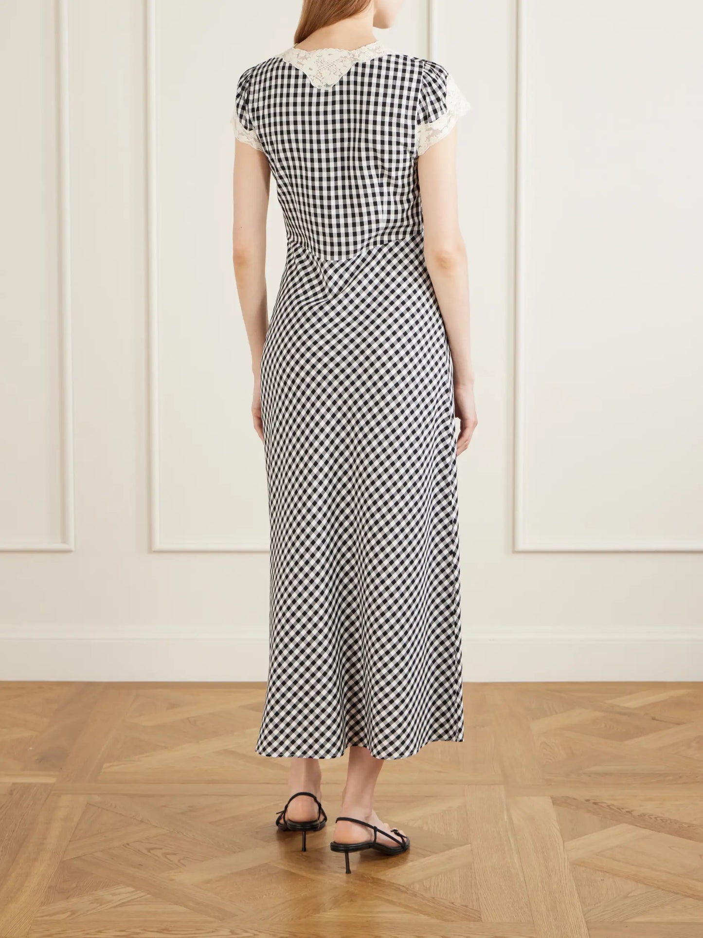 Amari Bow-detailed Lace-trimmed Checked Woven Midi Dress
