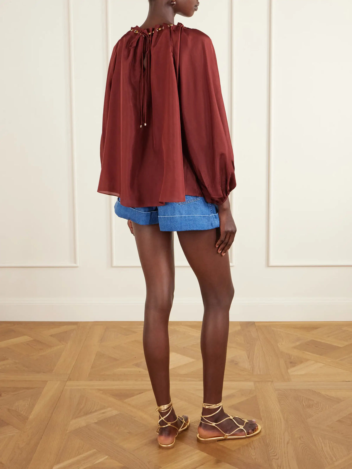 Zimmermann Aster Gathered Beaded Silk-satin Blouse