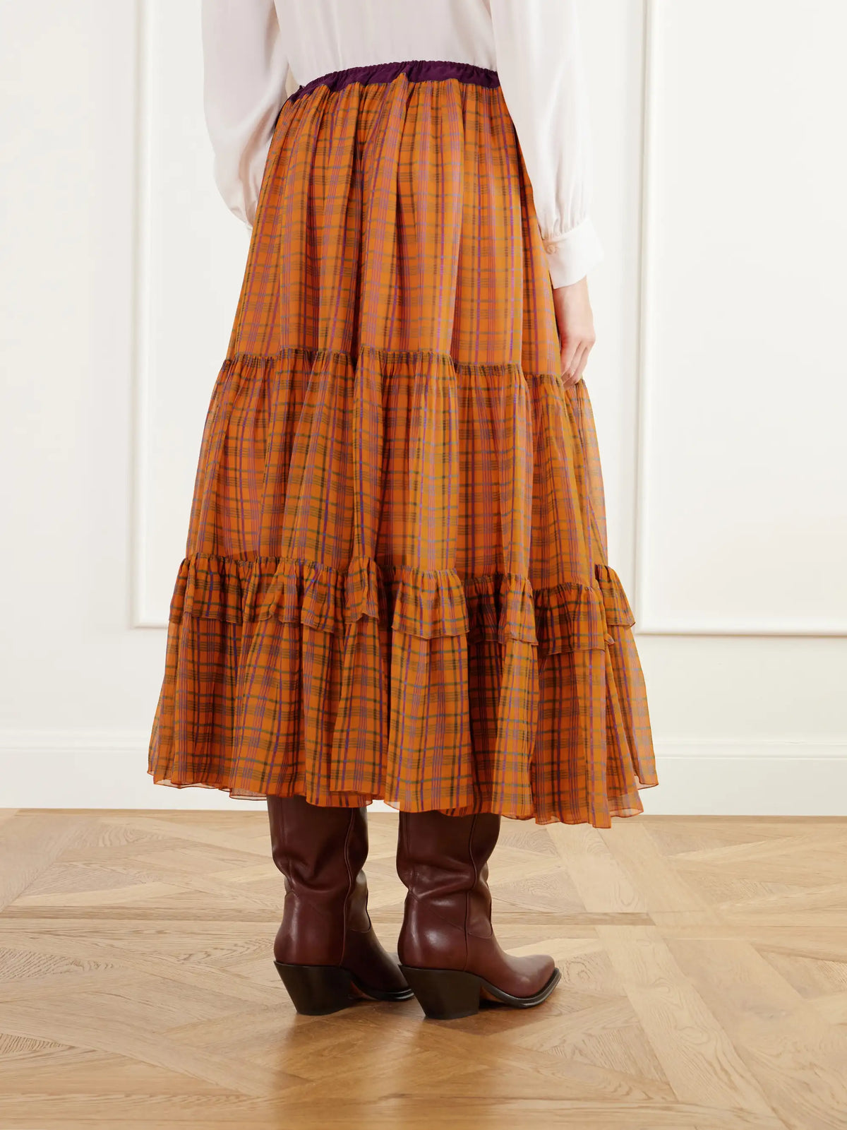 Chloé Ruffled Tiered Checked Silk-mousseline Midi Skirt