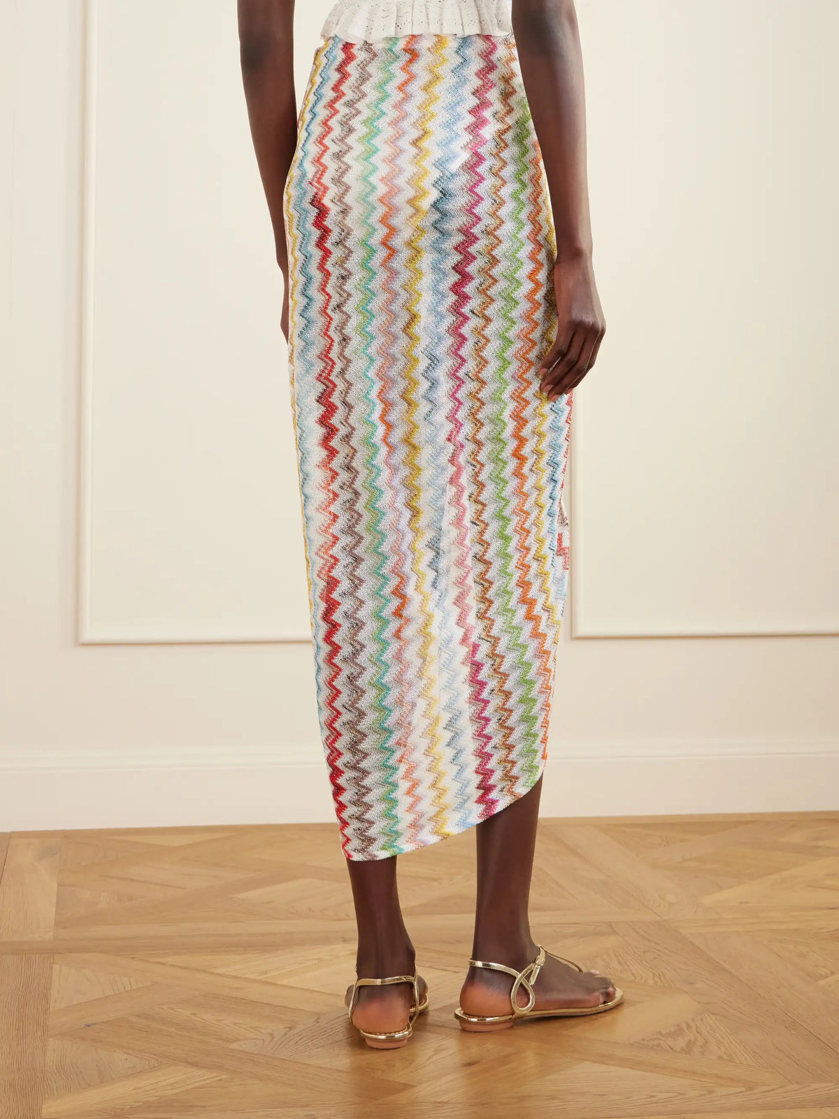 Gathered Striped Metallic Crochet-knit Midi Skirt