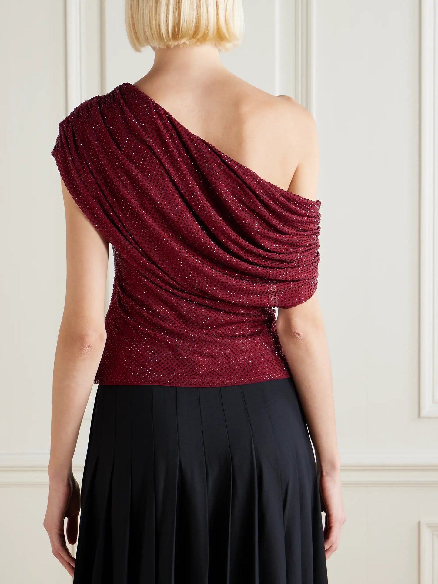 Off-the-shoulder Draped Crystal-embellished Mesh Top