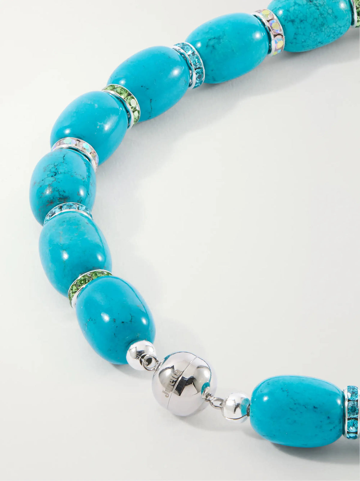 Donna Rhodium-pleated Turquoise And Crystal Beaded Necklace