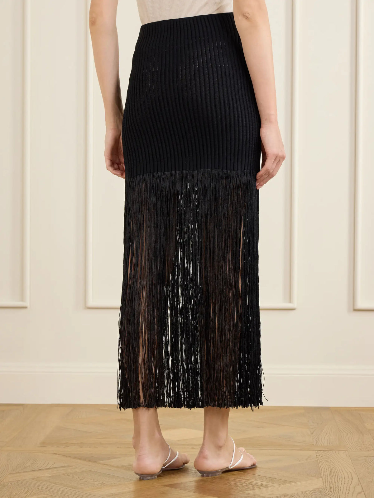 Ribbed Fringed Jersey Midi Skirt