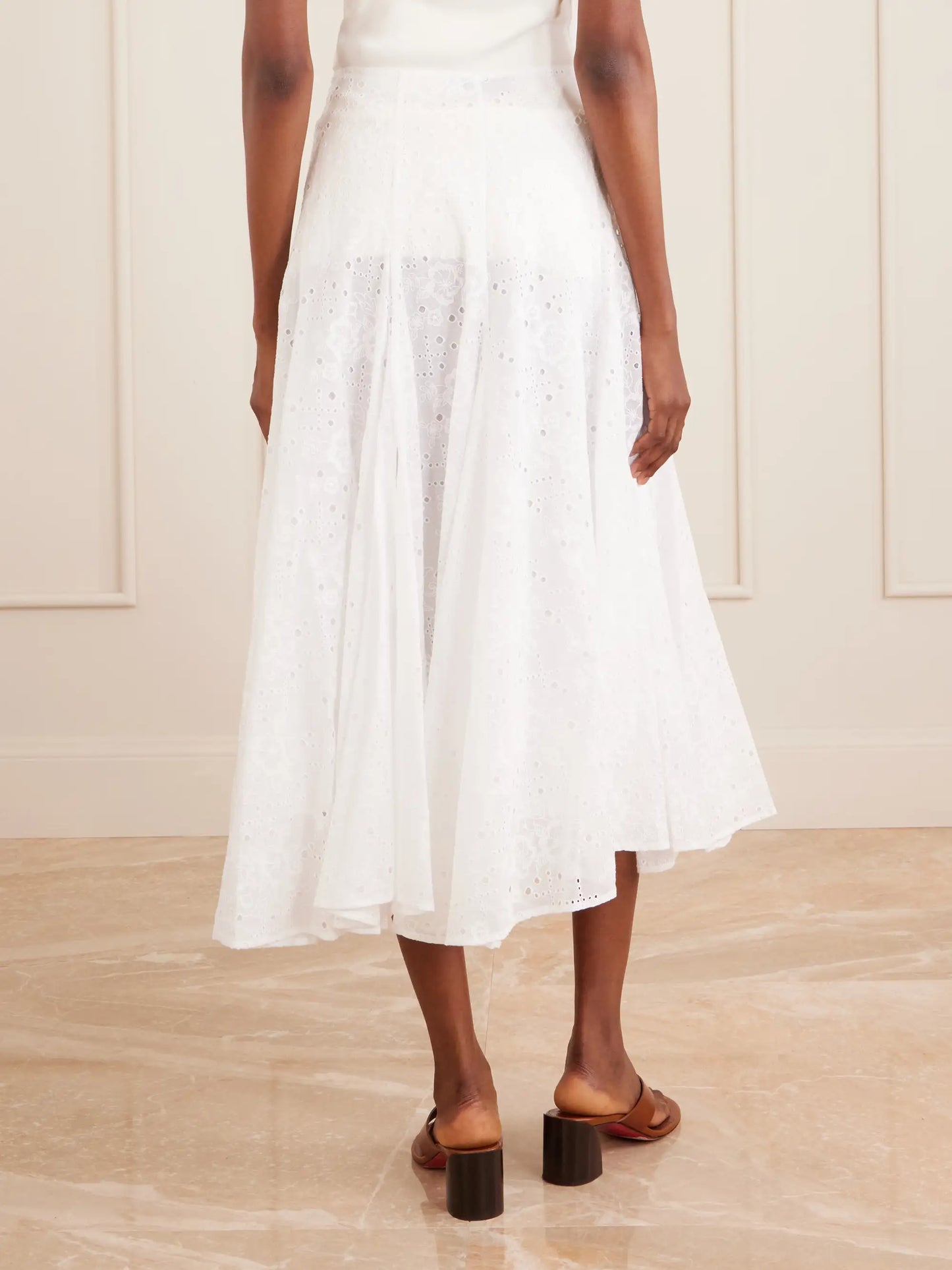 Pleated Broderie Anglaise Cotton Midi Skirt