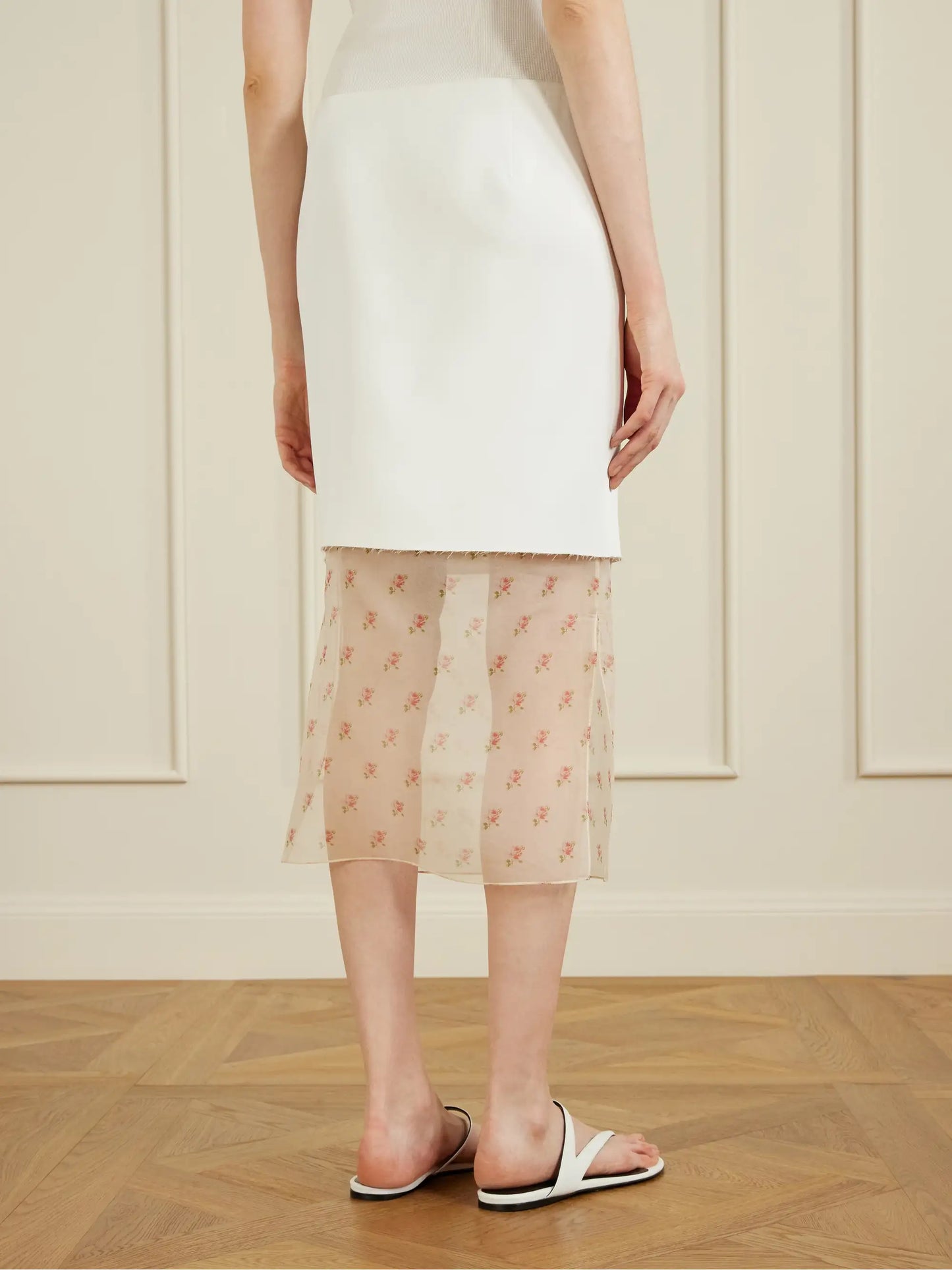 Sybil Layered Frayed Satin-crepe And Floral-print Organza Midi Skirt