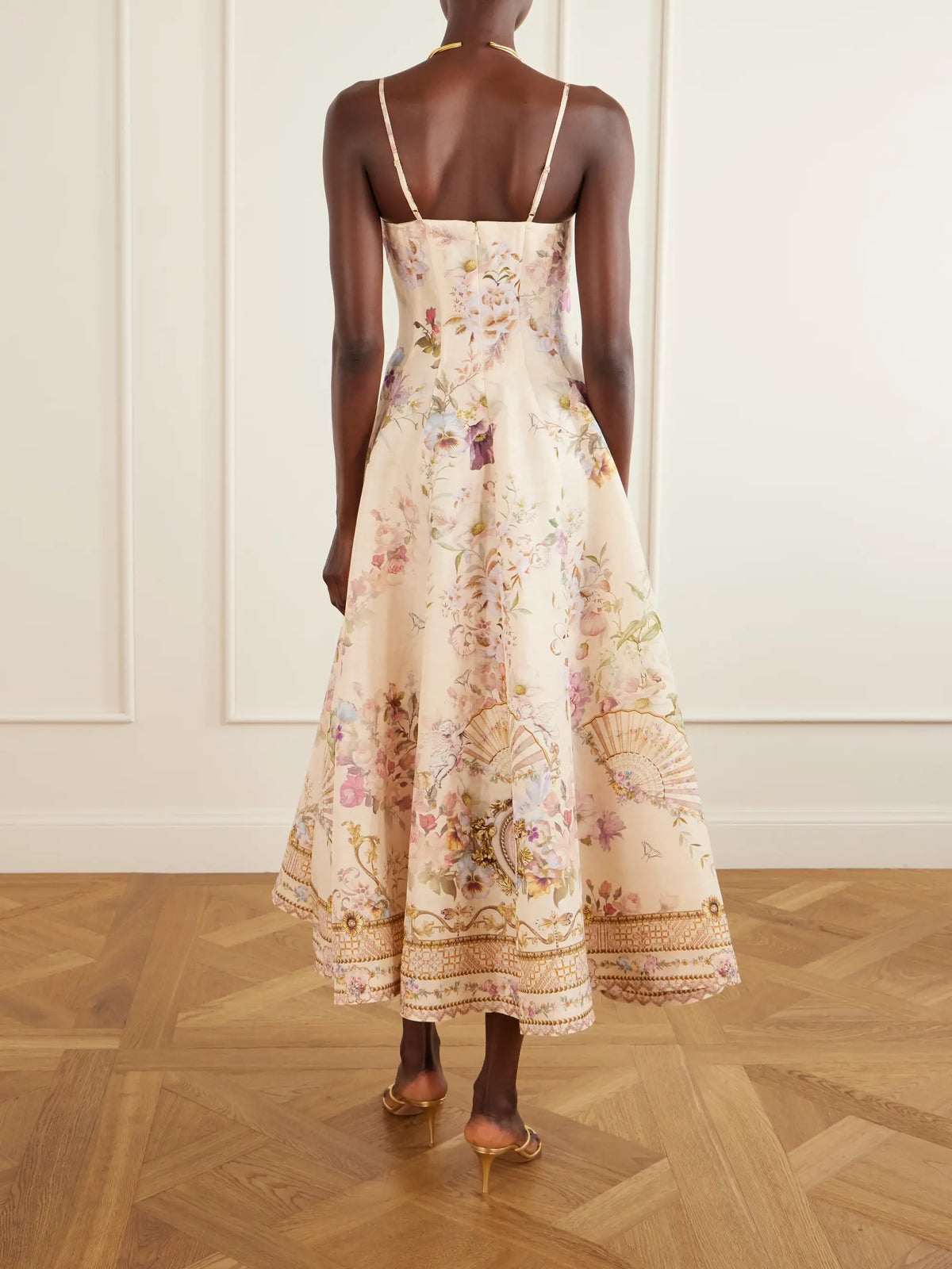 Crystal-embellished Printed Linen And Silk-blend Midi Dress