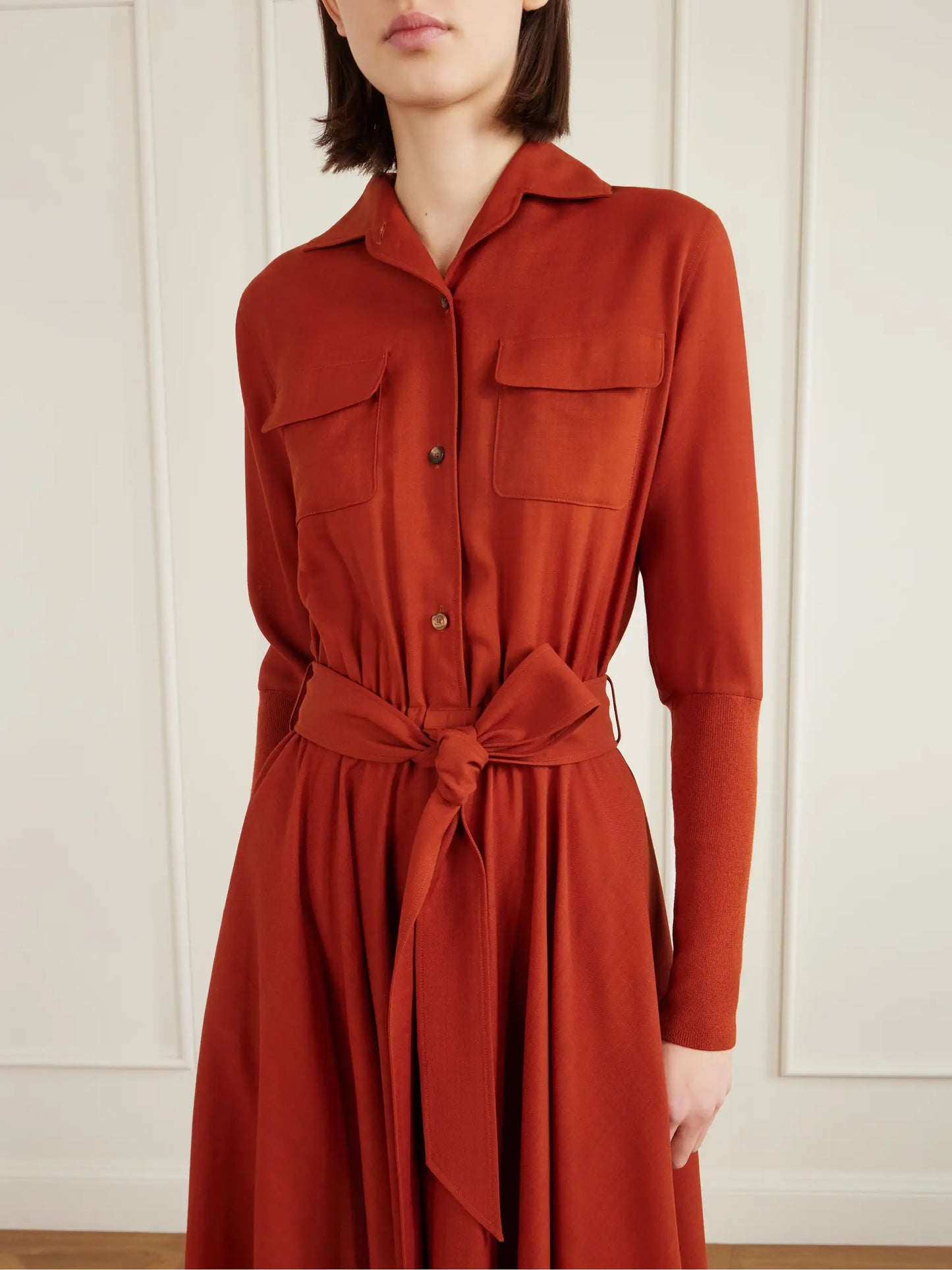 Verlaine Belted Pleated Wool Midi Shirt Dress