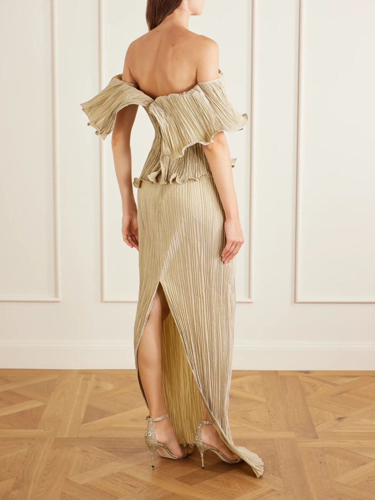 Pleated Off-the-shoulder Taffeta Gown