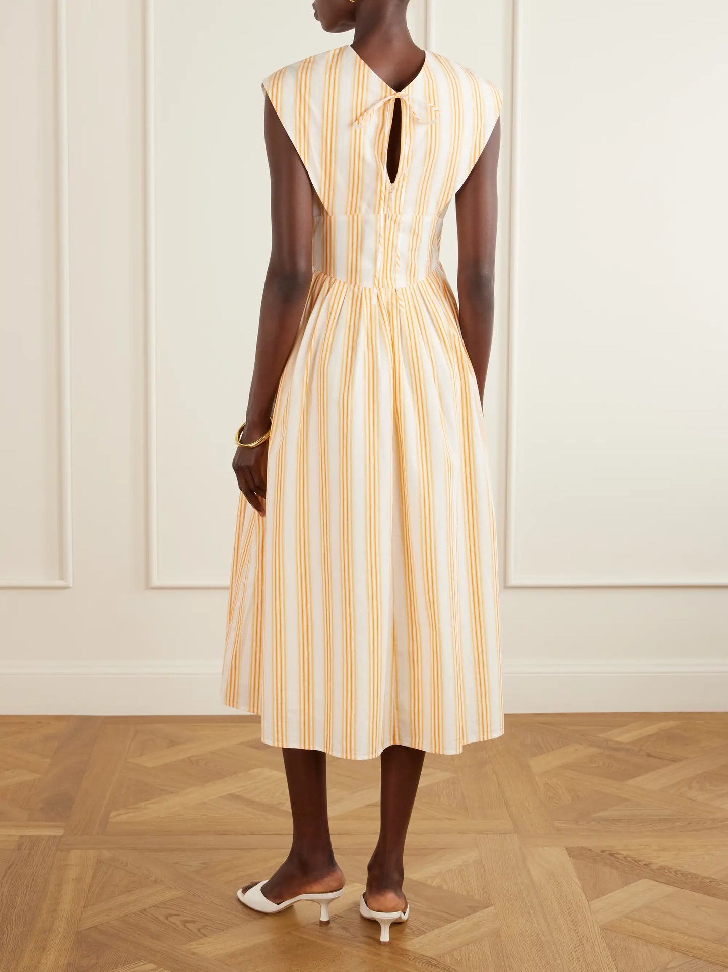In Full Bloom Gathered Striped Cotton-taffeta Midi Dress