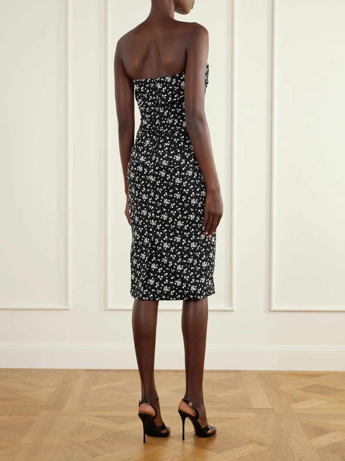 Dolce & Gabbana Strapless Draped Floral-print Silk-blend Charmeuse Midi Dress