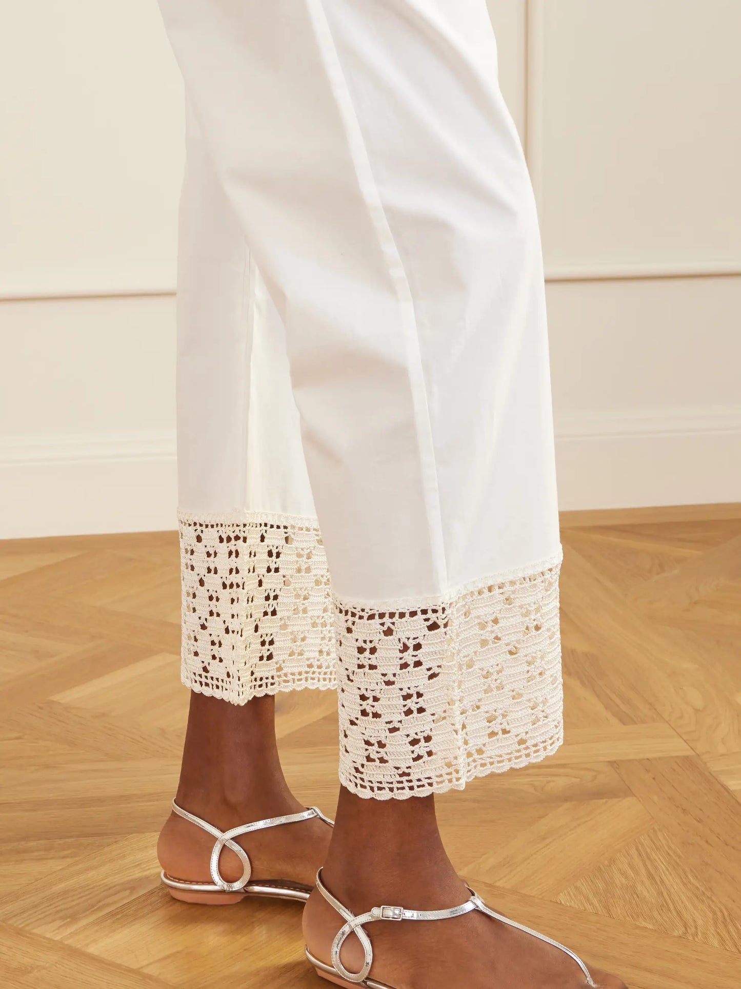 Heriloom Lace-trimmed Cotton-poplin Wide-leg Pants