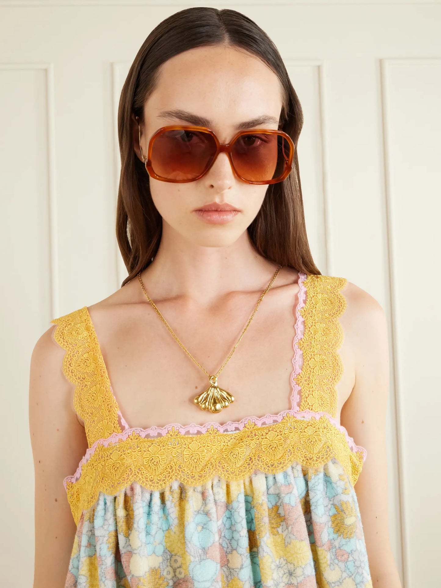 Pleated Lace-trimmed Floral-print Cotton-terry Mini Dress