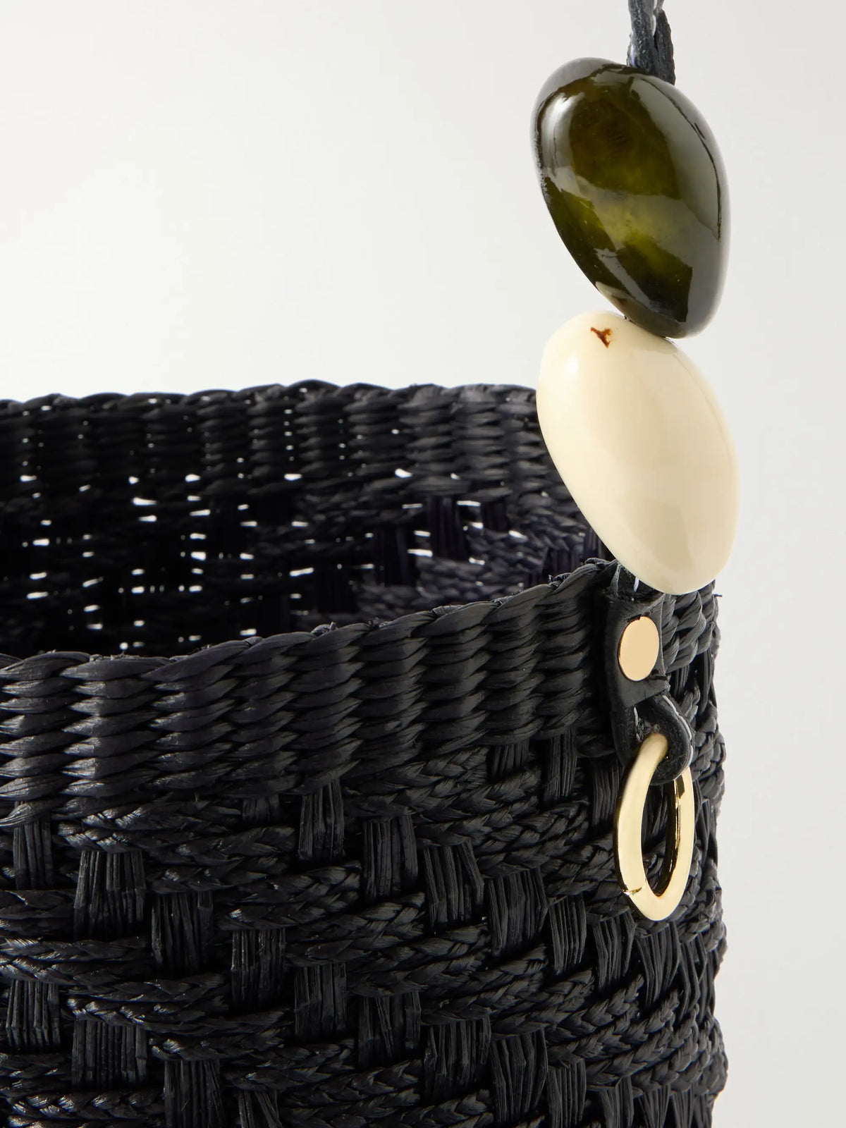 Embellished Leather-trimmed Straw Bucket Bag