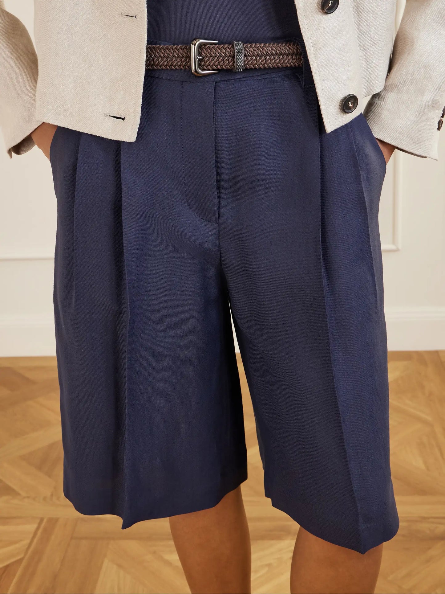 Bead-embellished Pleated Twill Shorts
