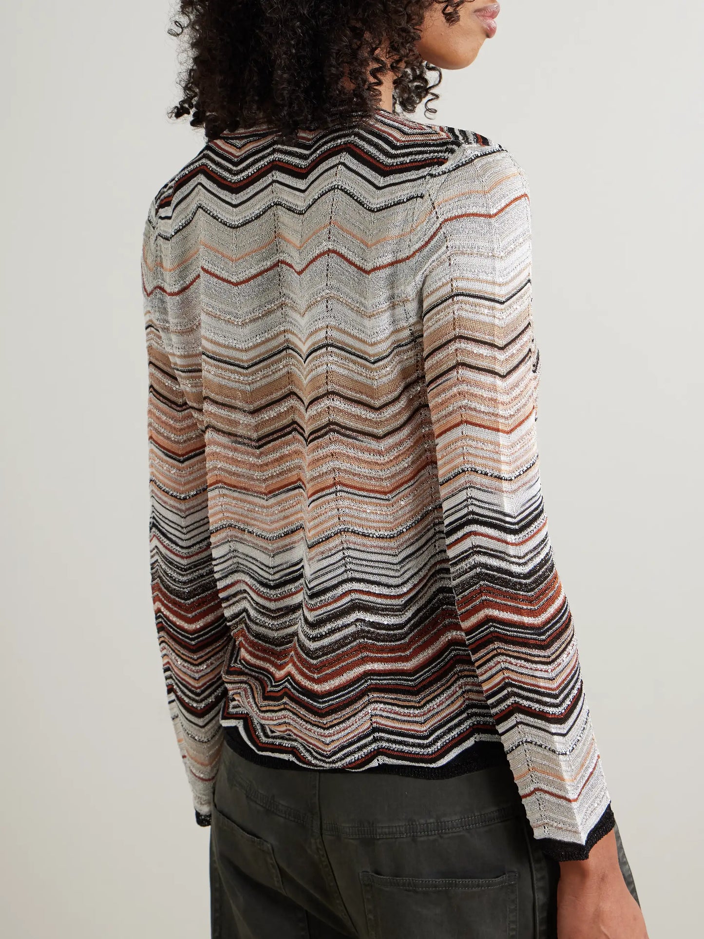 Sequin-embellished Striped Metallic Crochet-knit Cardigan