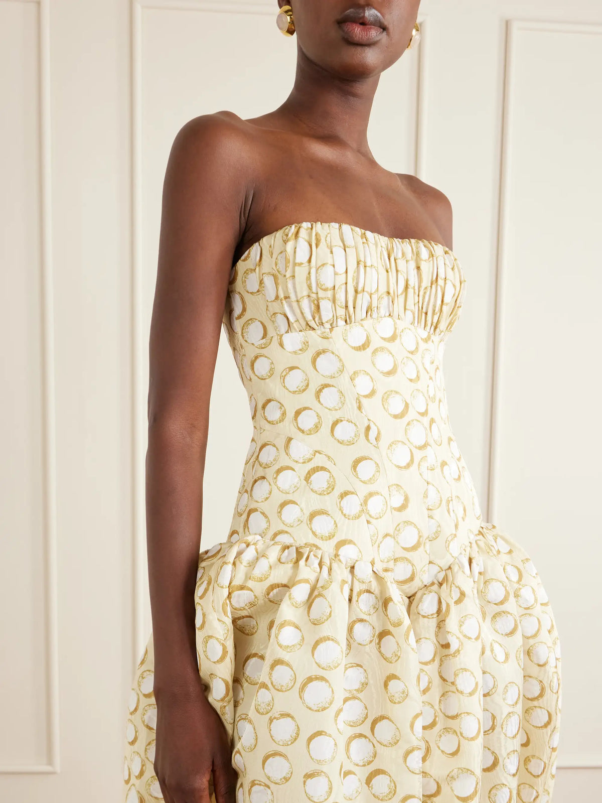 Paula Ruched Printed Brocade Gown