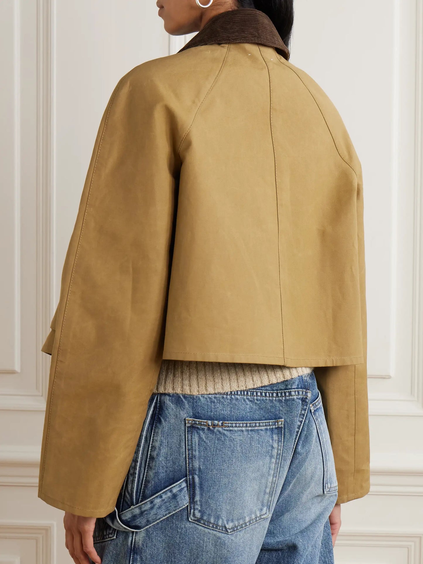Cropped Corduroy-trimmed Waxed-cotton Jacket