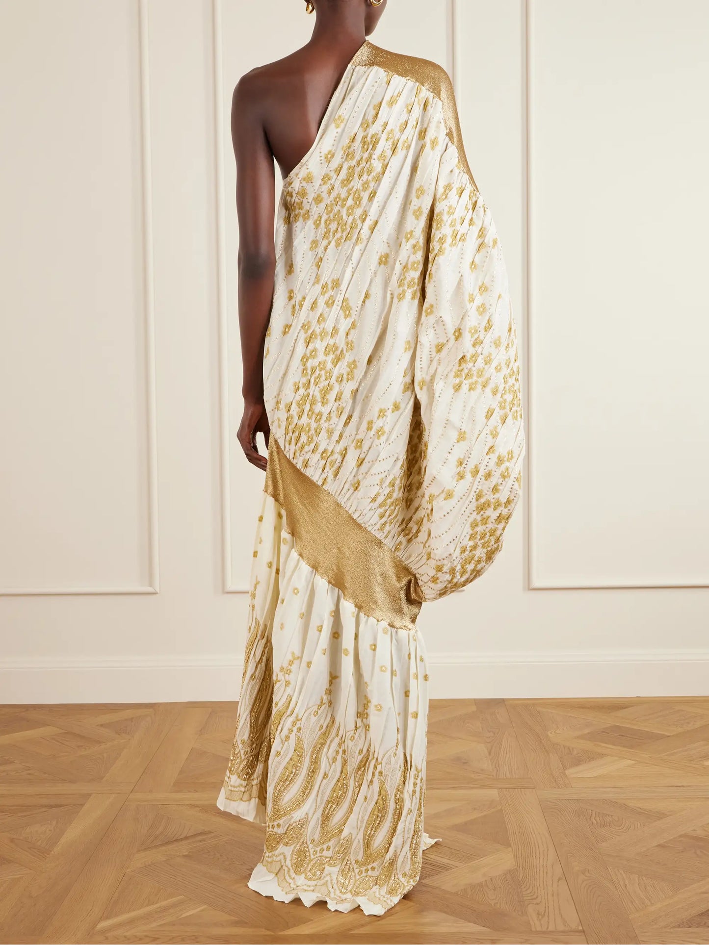 One-shoulder Draped Metallic Fil Coupé Gown