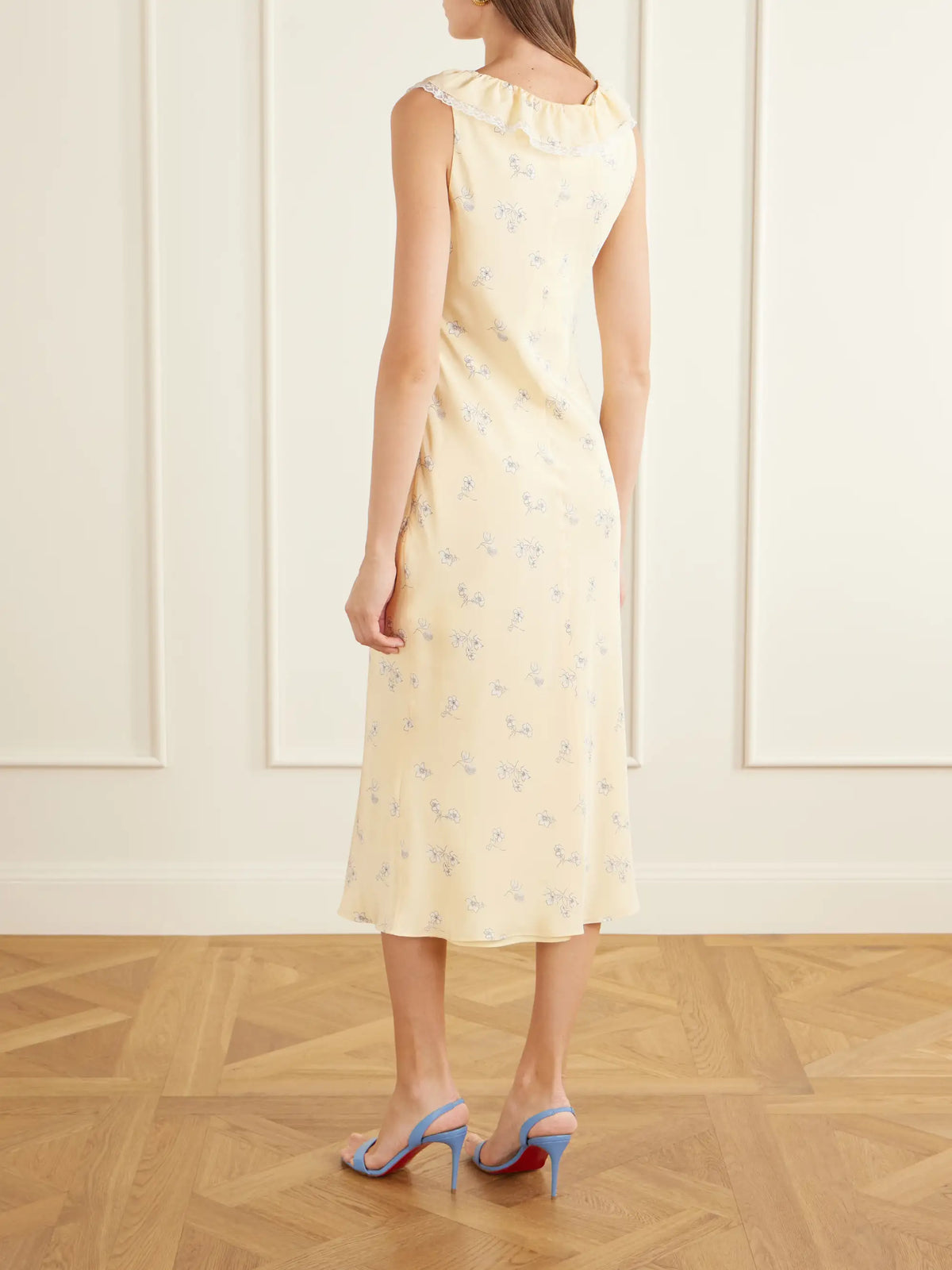 Floral-print Lace-trimmed Silk-satin Midi Dress