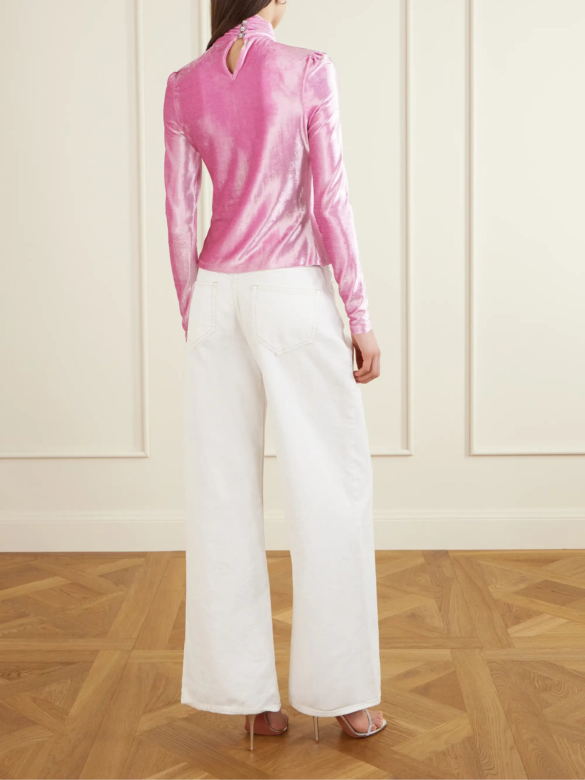 Crystal-embellished Gathered Velvet Turtleneck Blouse