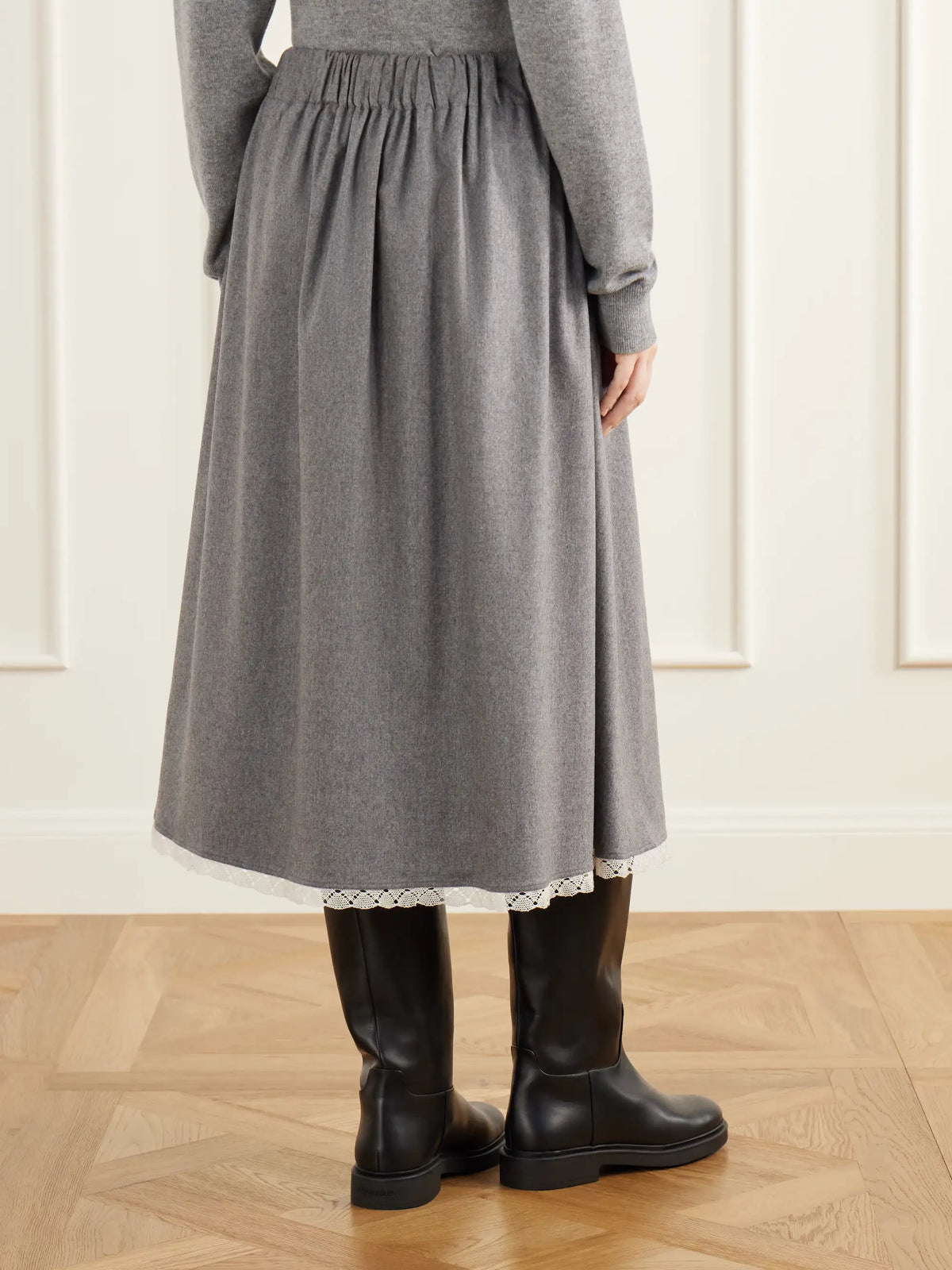 Maria McManus Gathered Lace-trimmed Wool-blend Flannel Midi Skirt
