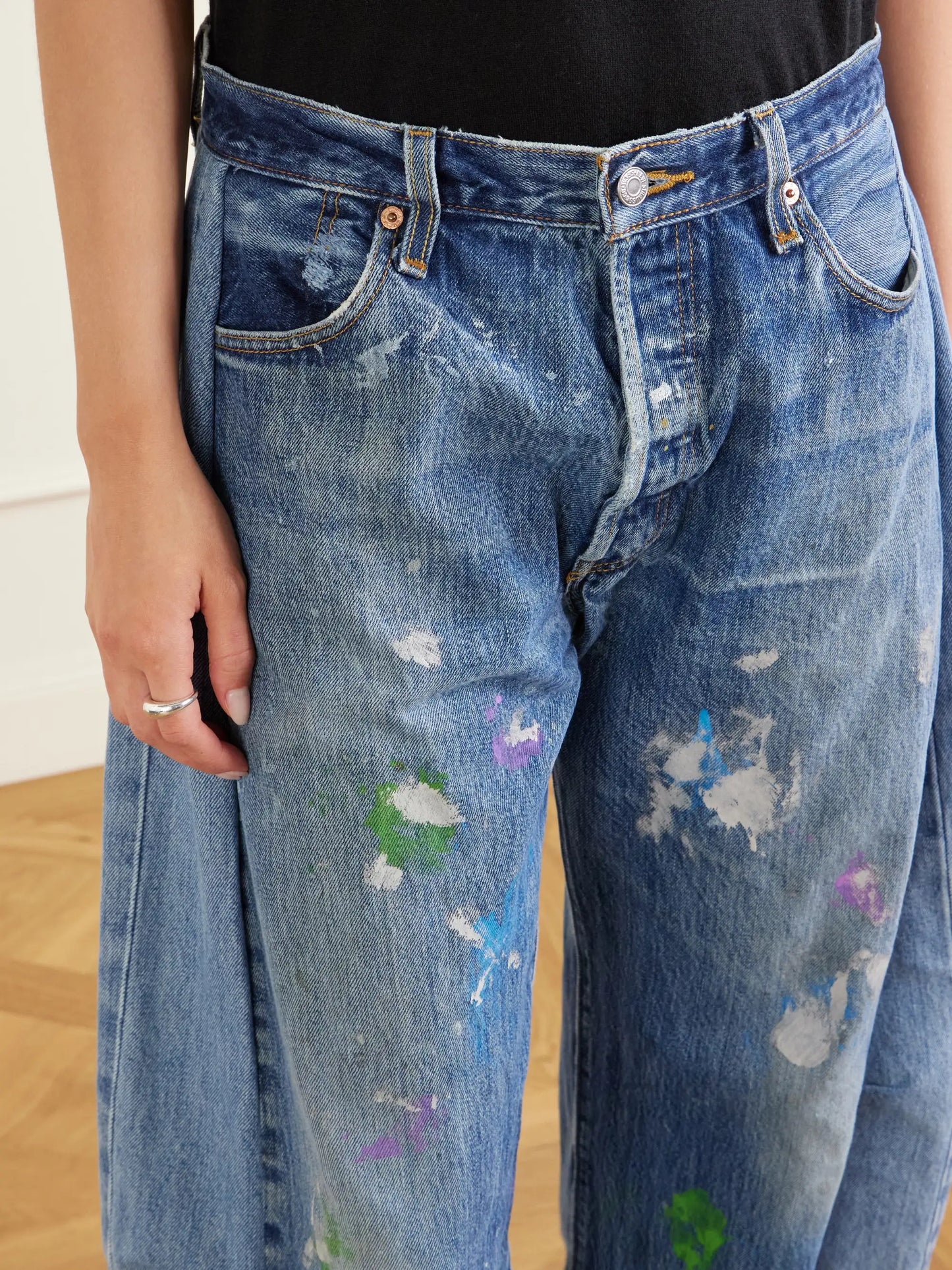 Vintage Lasso Distressed Frayed Paneled Paint-splatter Wide-leg Jeans