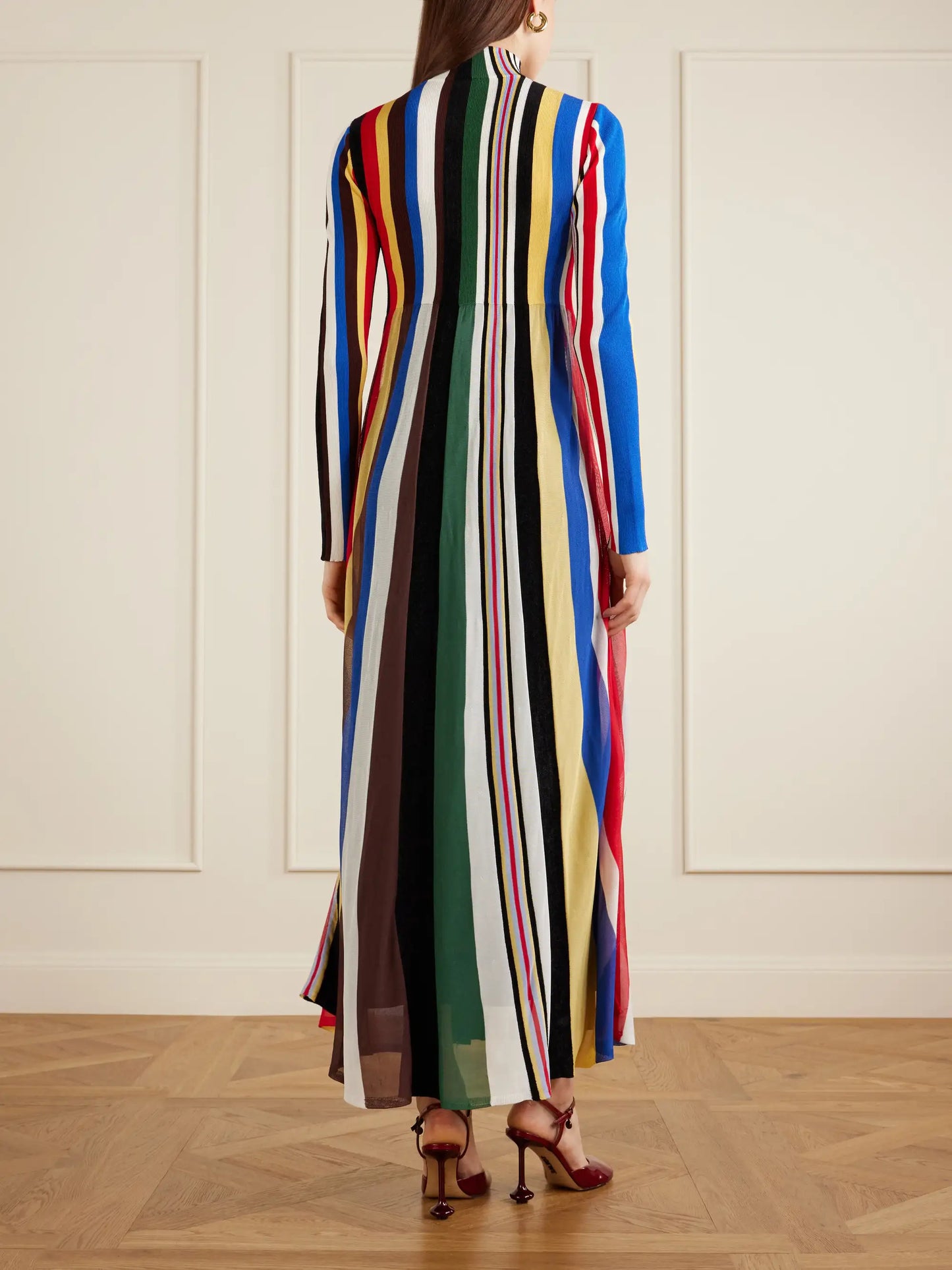 Striped Chiffon And Ribbed Jersey Maxi Dress
