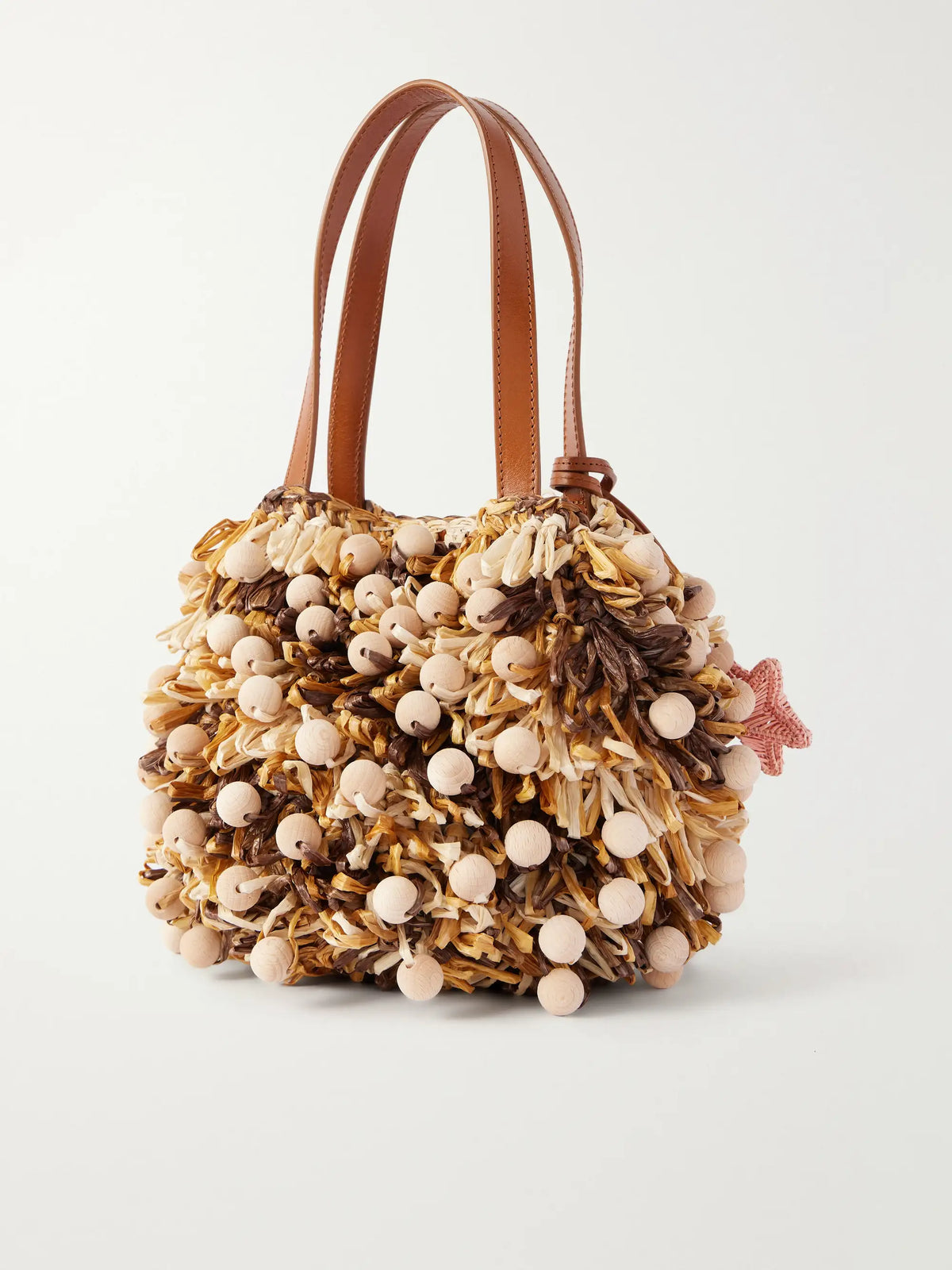 Pom Pom Leather-trimmed Beaded Woven Raffia Mini Bag