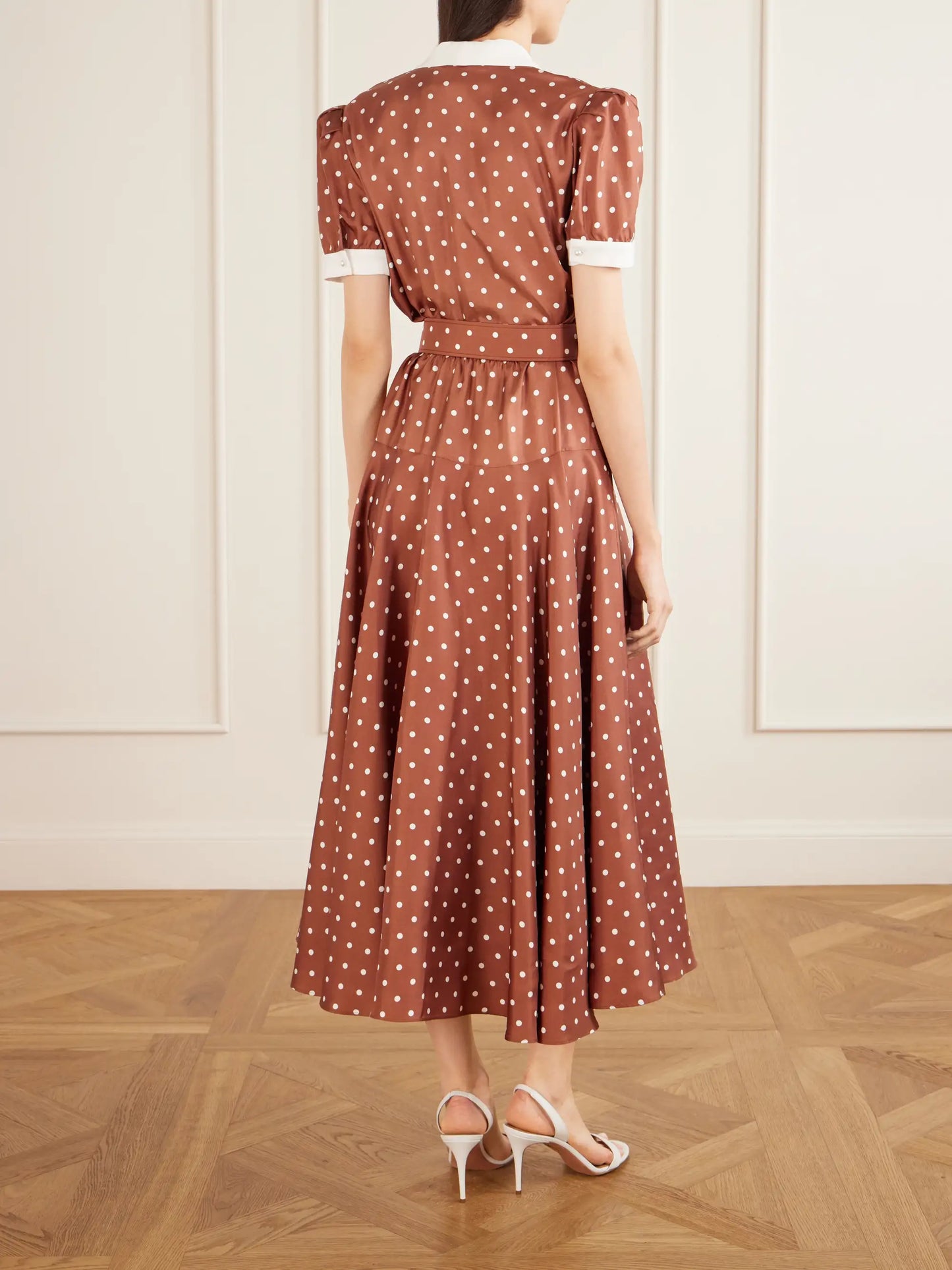 Belted Pleated Polka-dot Crepe-trimmed Silk-twill Midi Dress