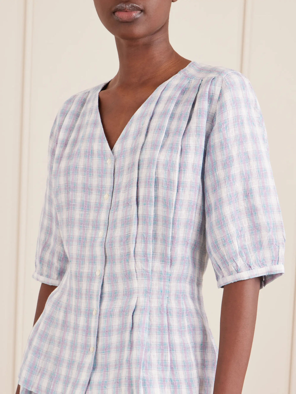 Elvira Pleated Checked Linen Shirt