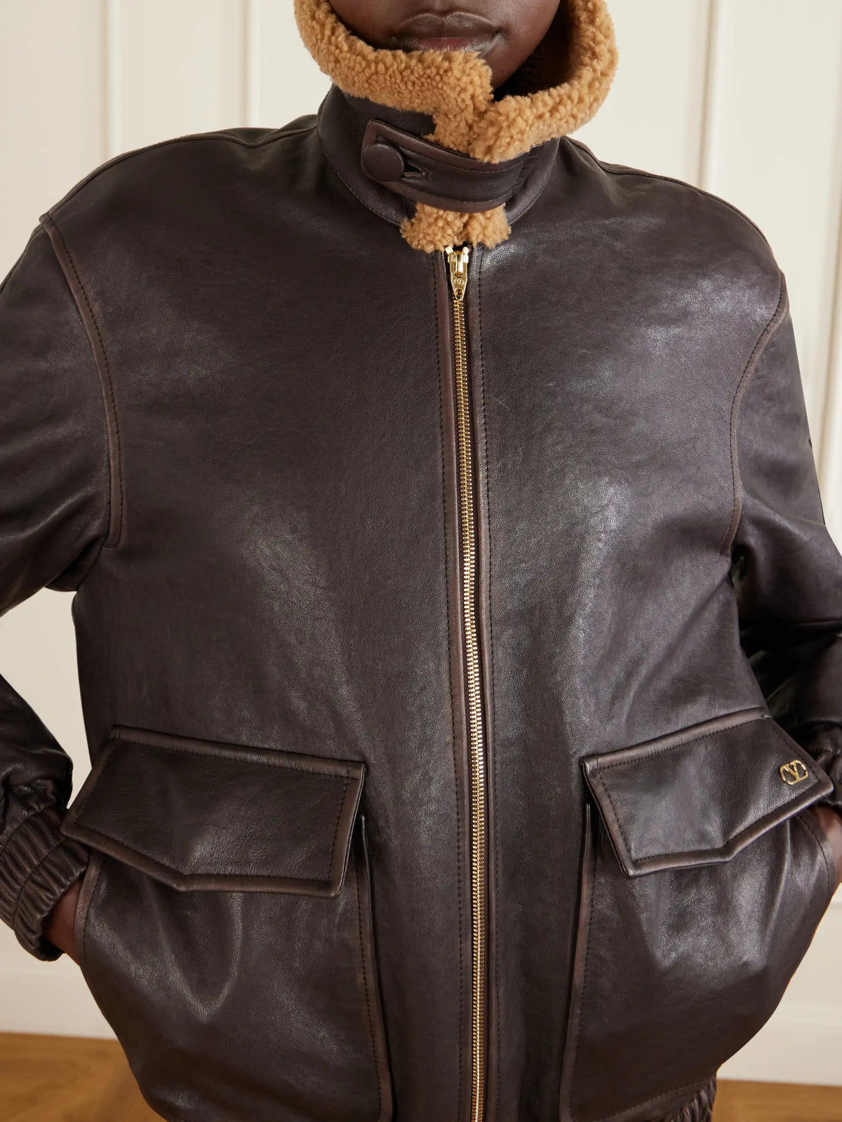 Shearling-trimmed Leather Biker Jacket