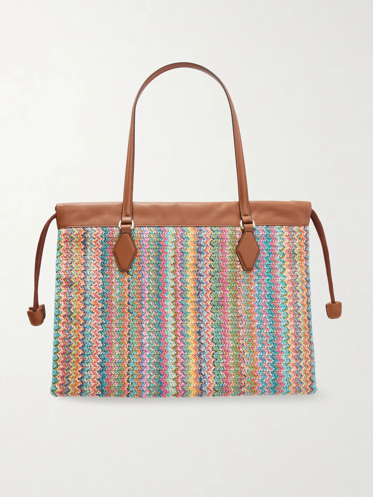 Leather-trimmed Striped Raffia Tote Bag