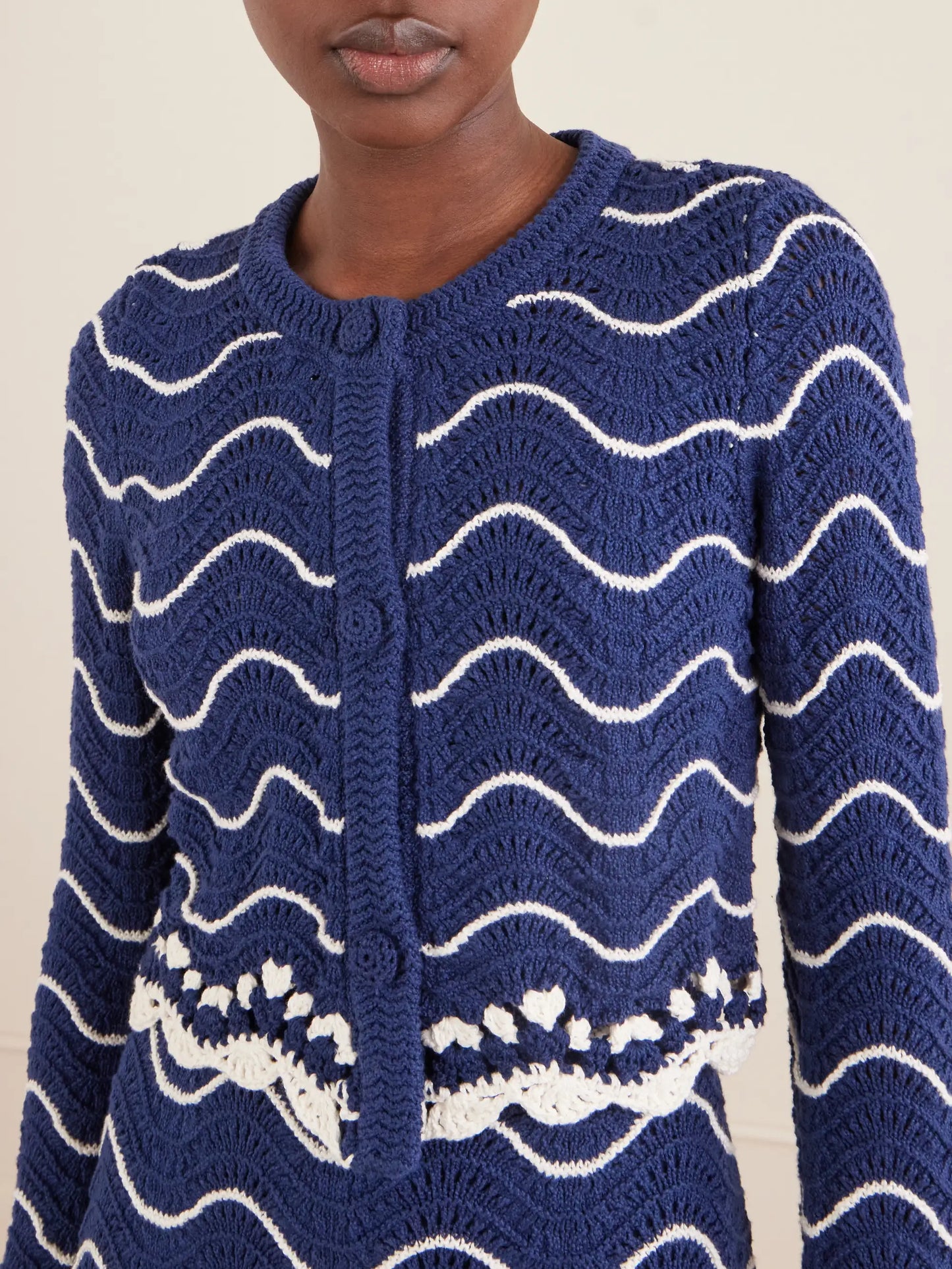 Louise Scalloped Striped Cotton Knit Cardigan