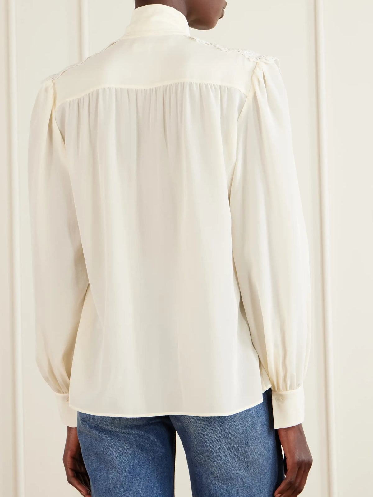 Pussy-bow Crochet-trimmed Silk Crepe De Chine Shirt
