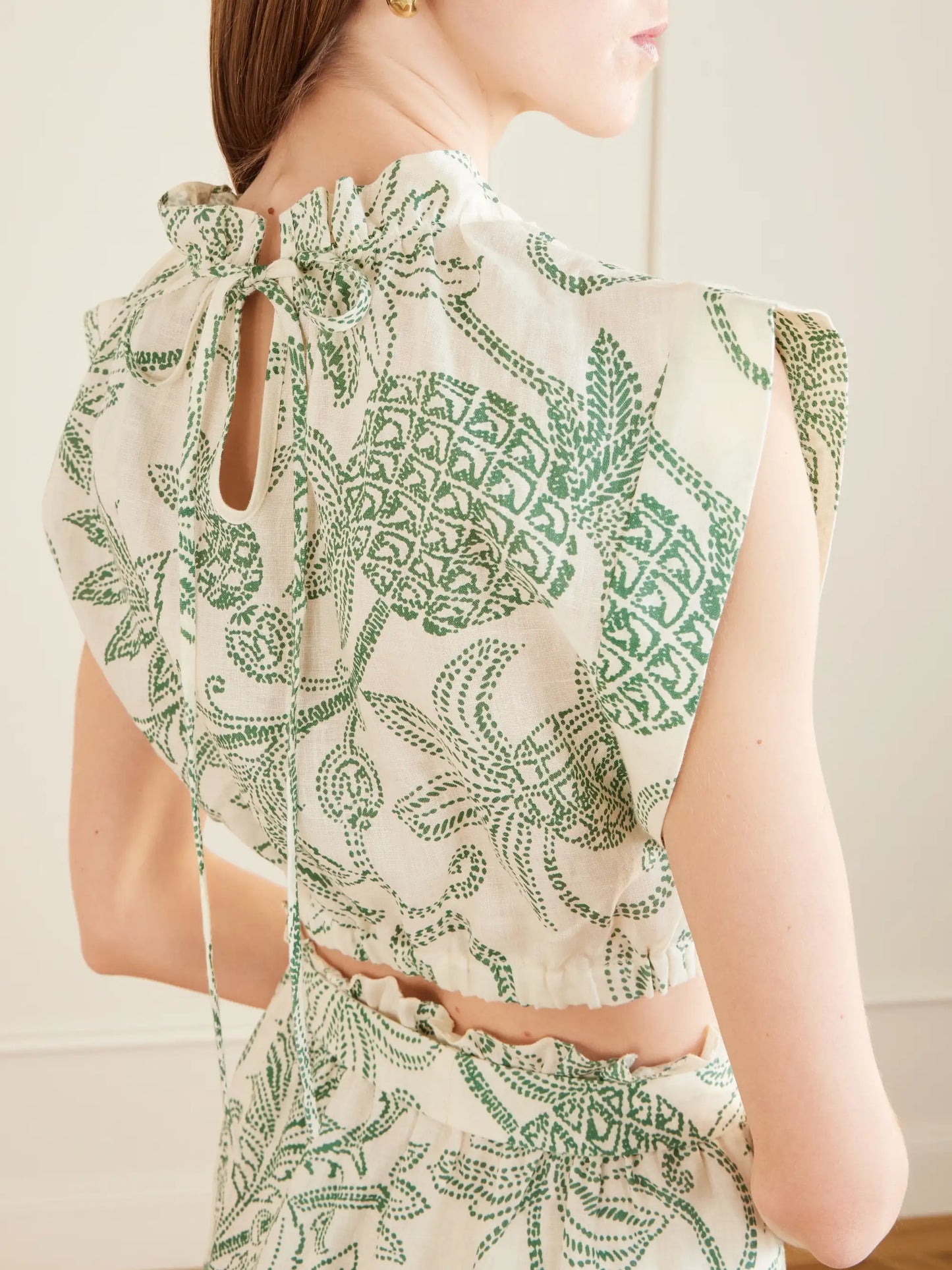 Muna Cropped Ruched Printed Linen Top