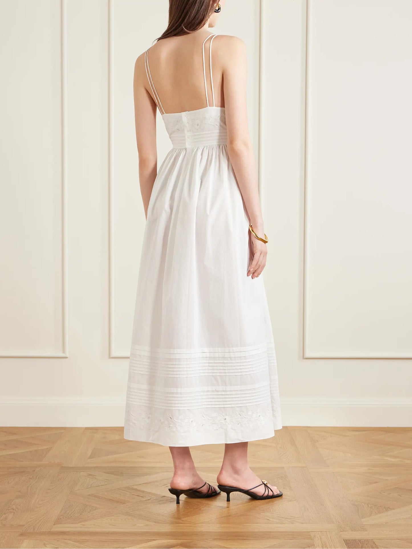 Chamomile Pintucked Embroidered Cotton-poplin Midi Dress