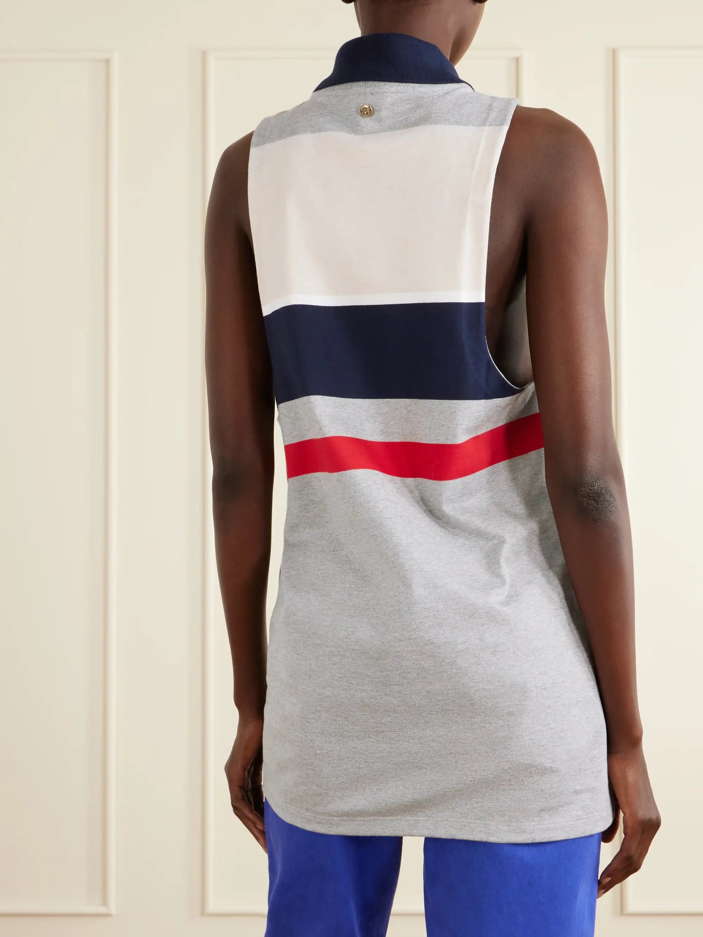 Sleeveless Embroidered Striped Cotton T-shirt