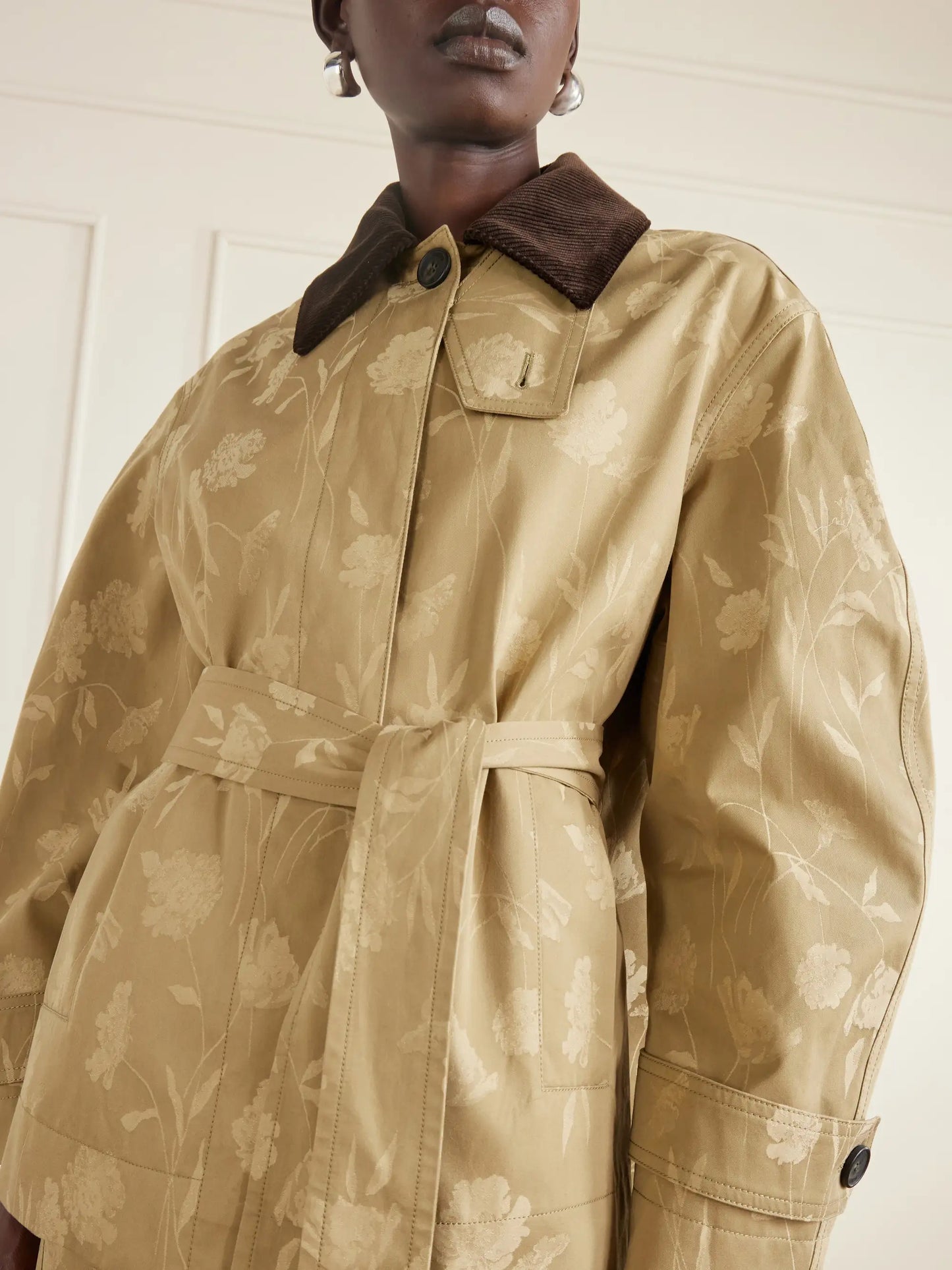Belted Corduroy-trimmed Floral-jacquard Cotton Jacket