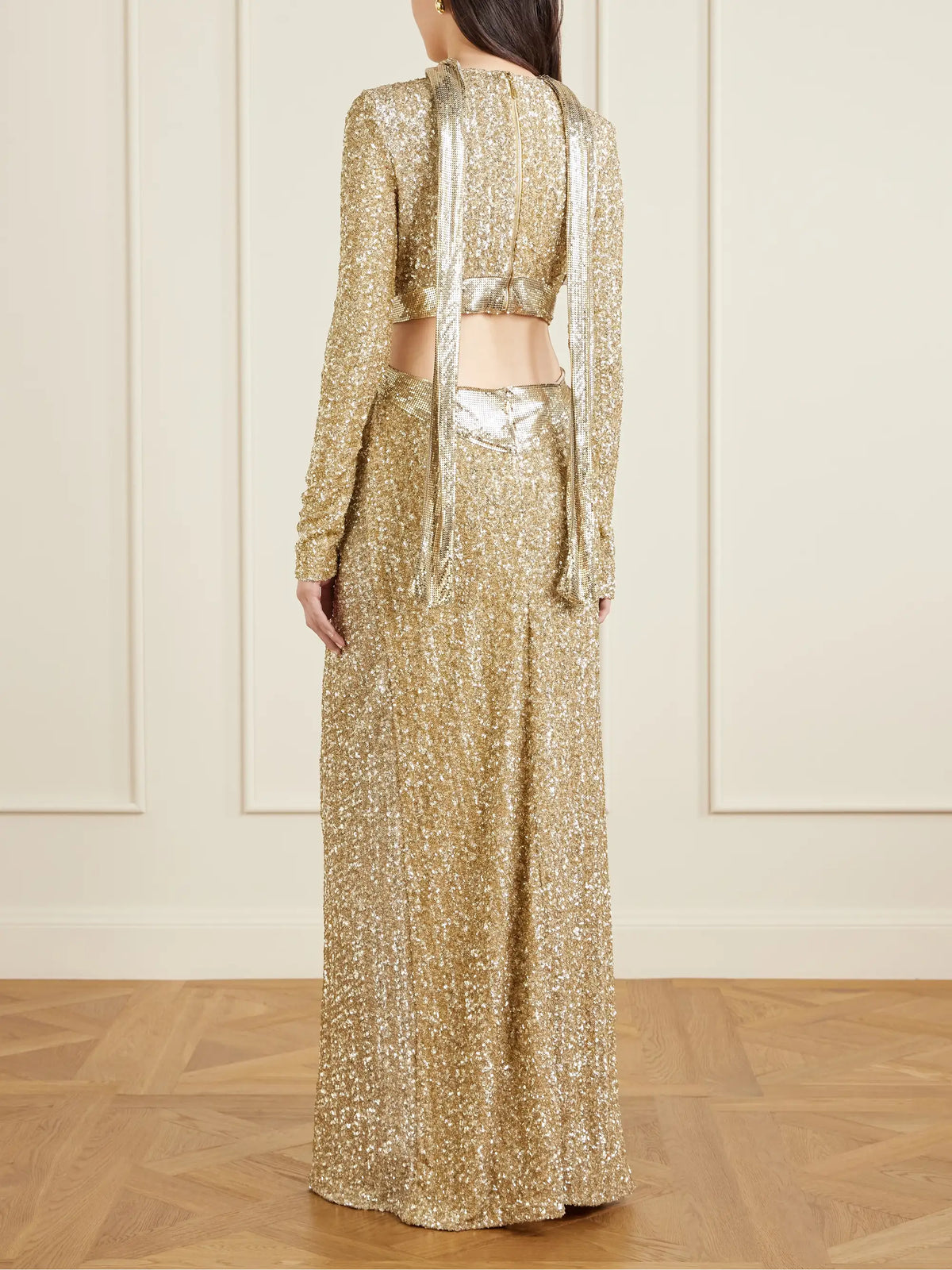 Chainmail-trimmed Cutout Sequined Tulle Gown