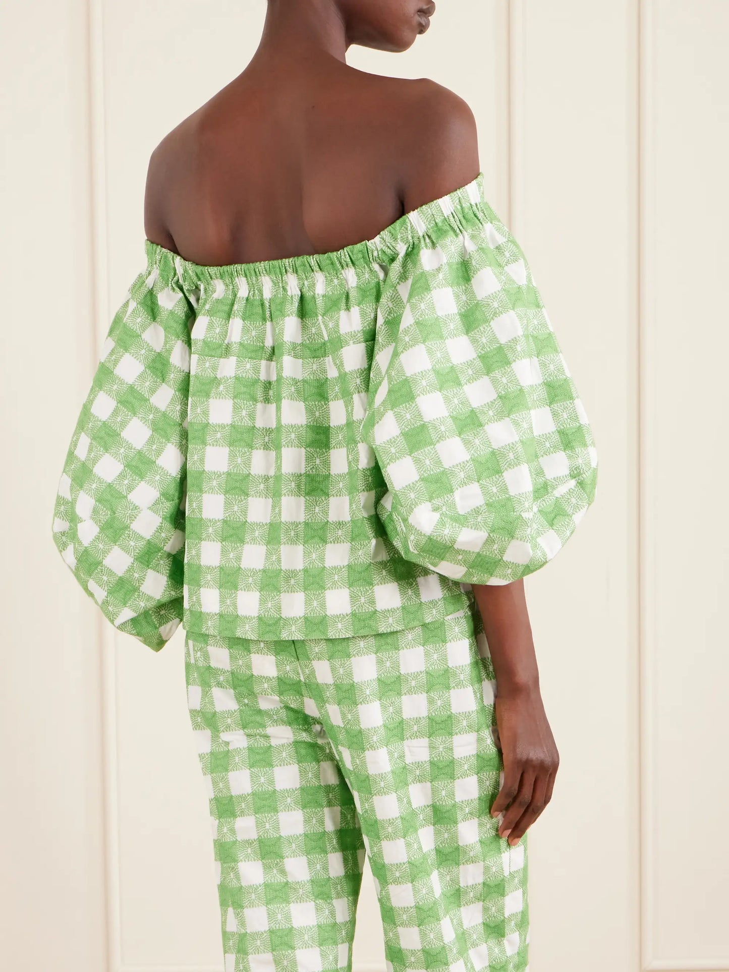 Empire Balloon Off-the-shoulder Checked Cotton Blouse