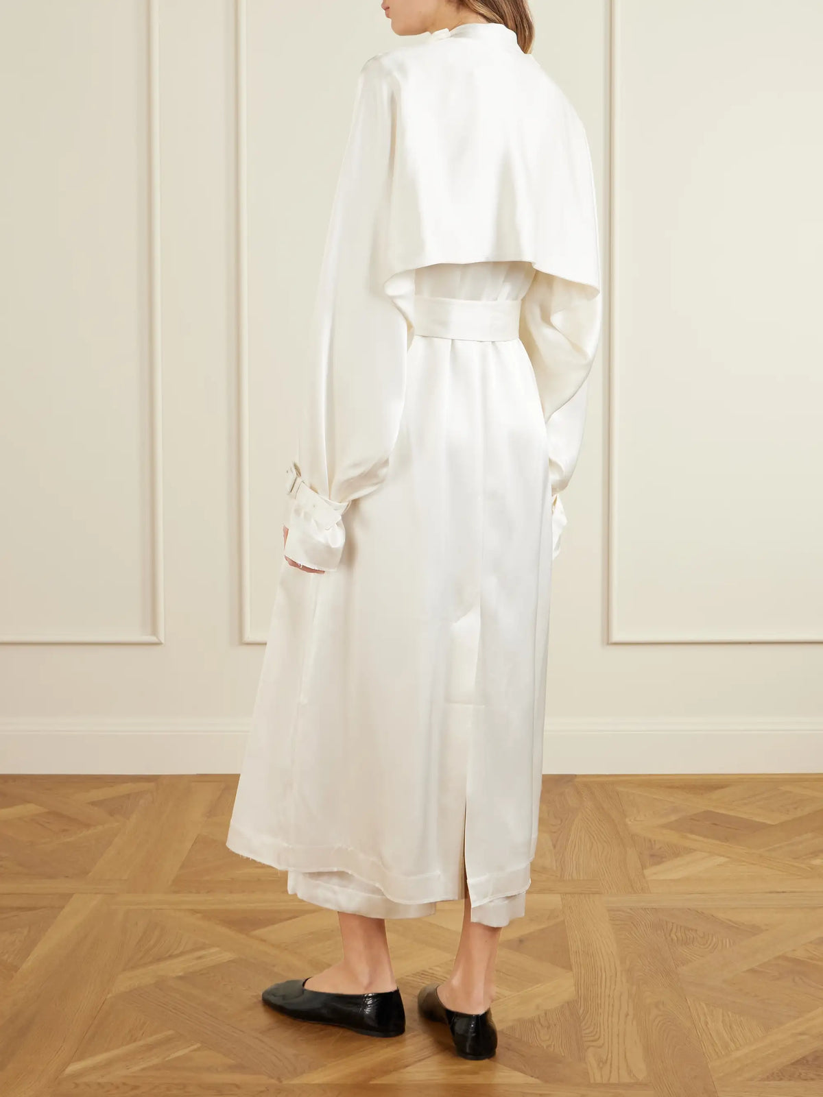 Double-breasted Draped Satin Trench Coat
