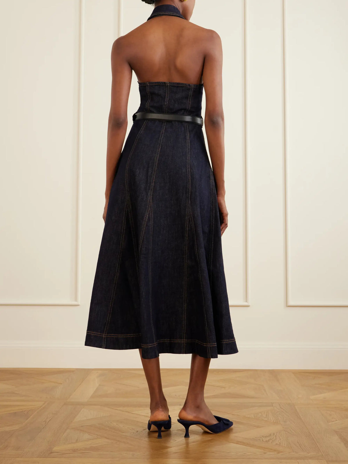 Self-Portrait Belted Halterneck Denim Midi Dress