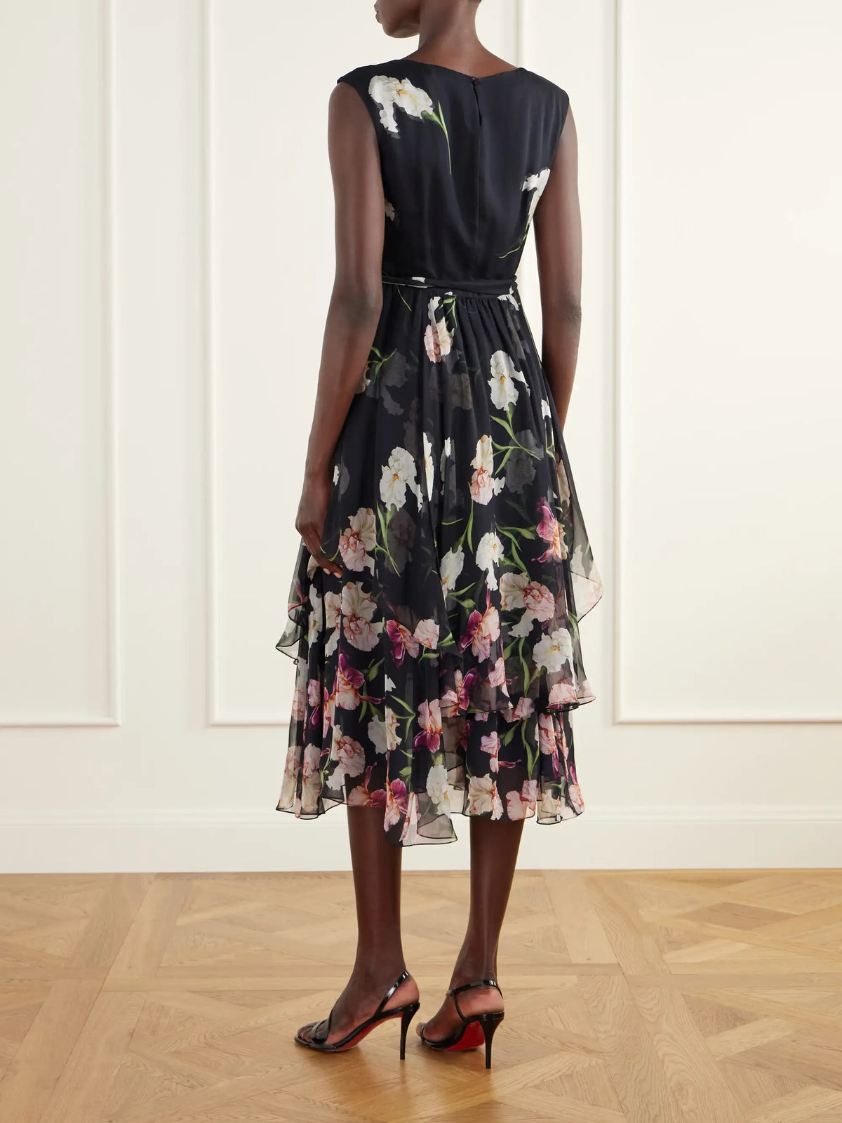 Oscar de la Renta Belted Tiered Floral-print Silk-chiffon Midi Dress