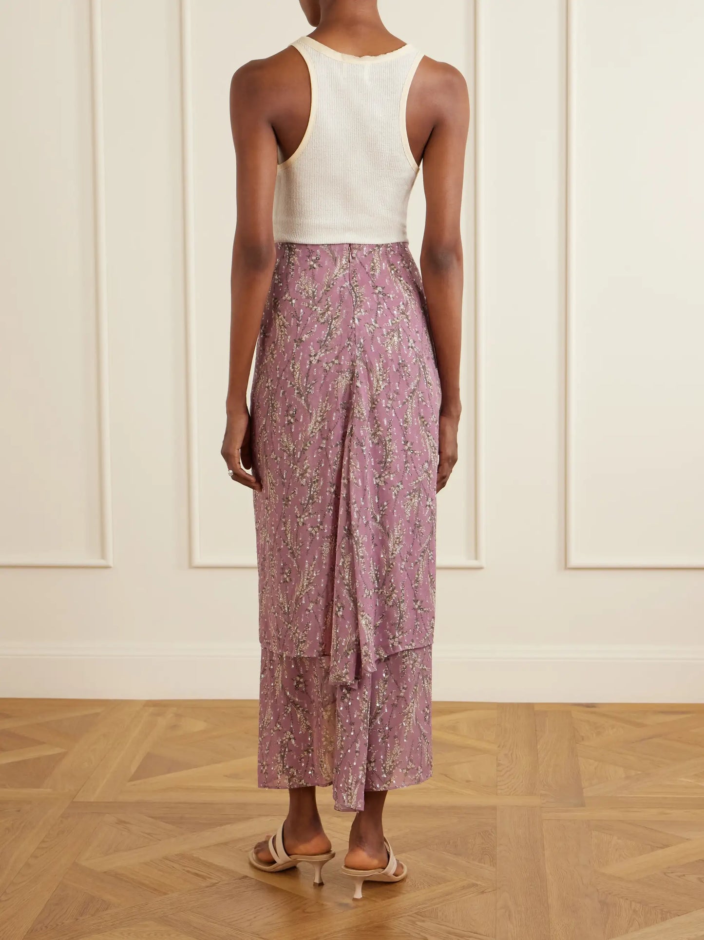 Sira Ruffled Floral-print Metallic Maxi Skirt